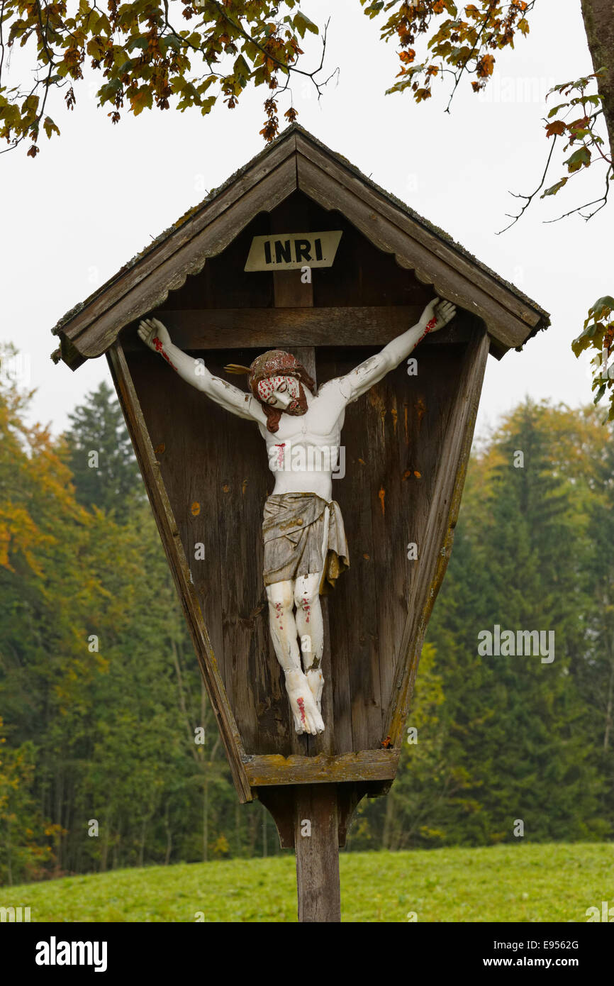 Wayside cross, Samerberg, Chiemgau, Upper Bavaria, Bavaria, Germany Stock Photo