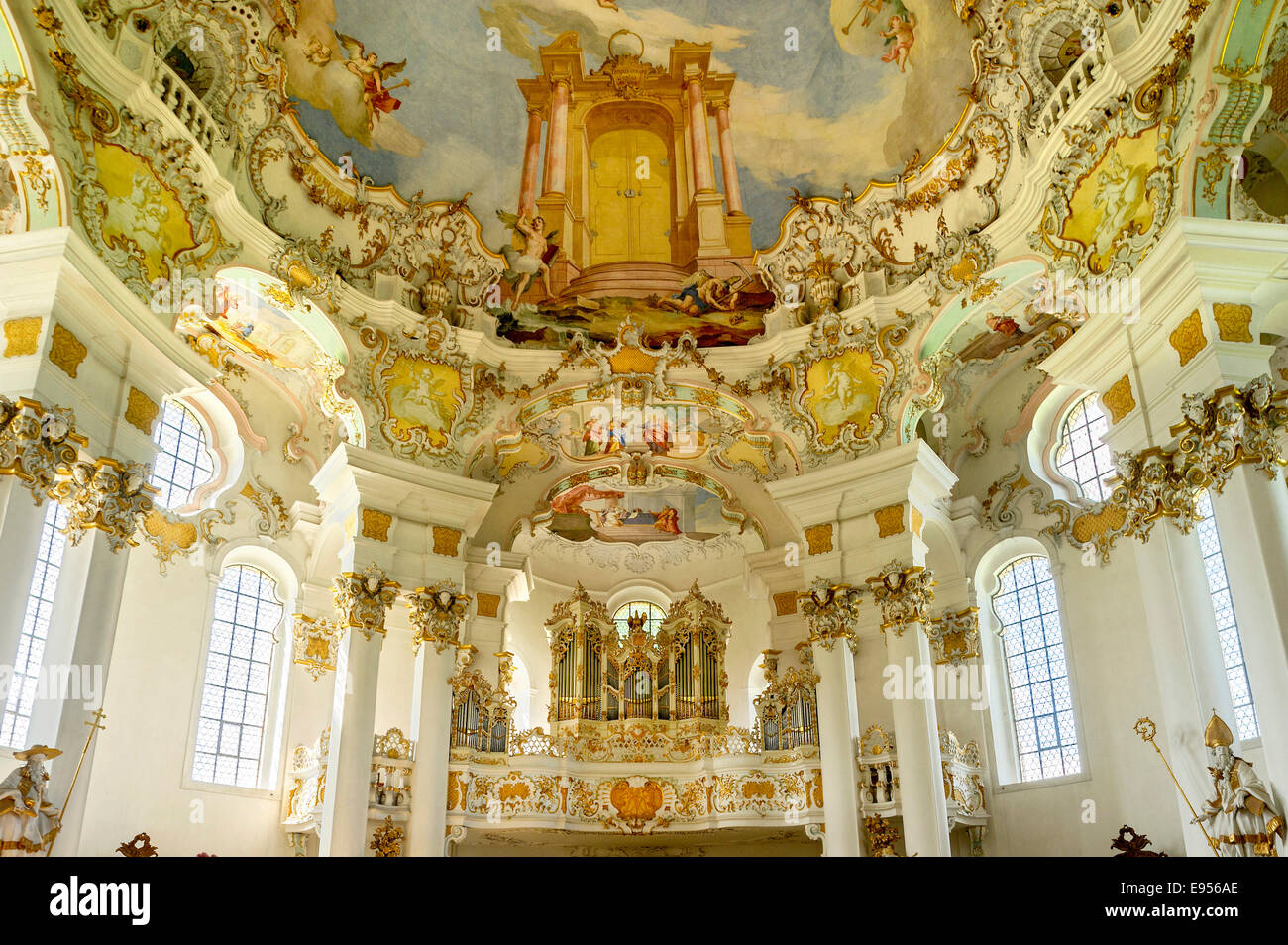 Music gallery with organ, Wieskirche, Steingaden, Pfaffenwinkel, Upper Bavaria, Bavaria, Germany Stock Photo