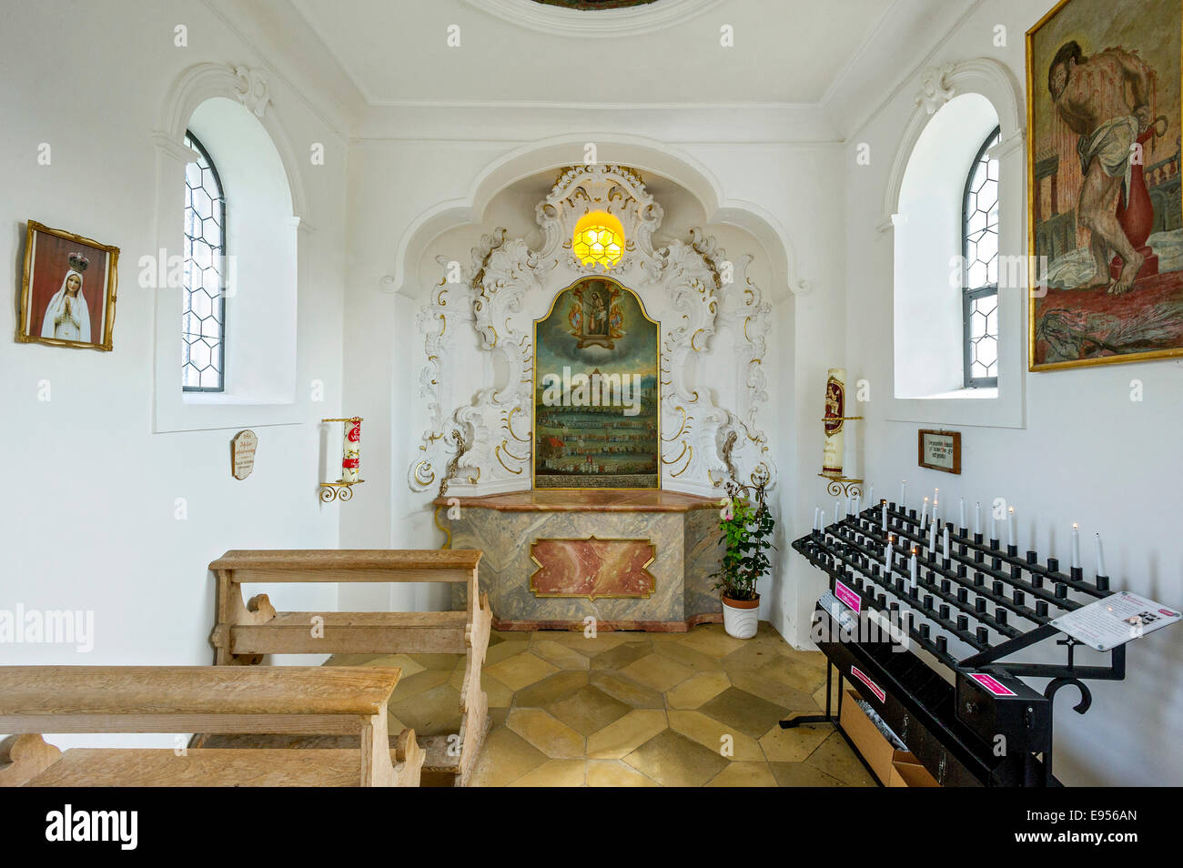 Interior with altar of the Wieskapelle chapel, Wieskirche, Steingaden, Pfaffenwinkel, Upper Bavaria, Bavaria, Germany Stock Photo