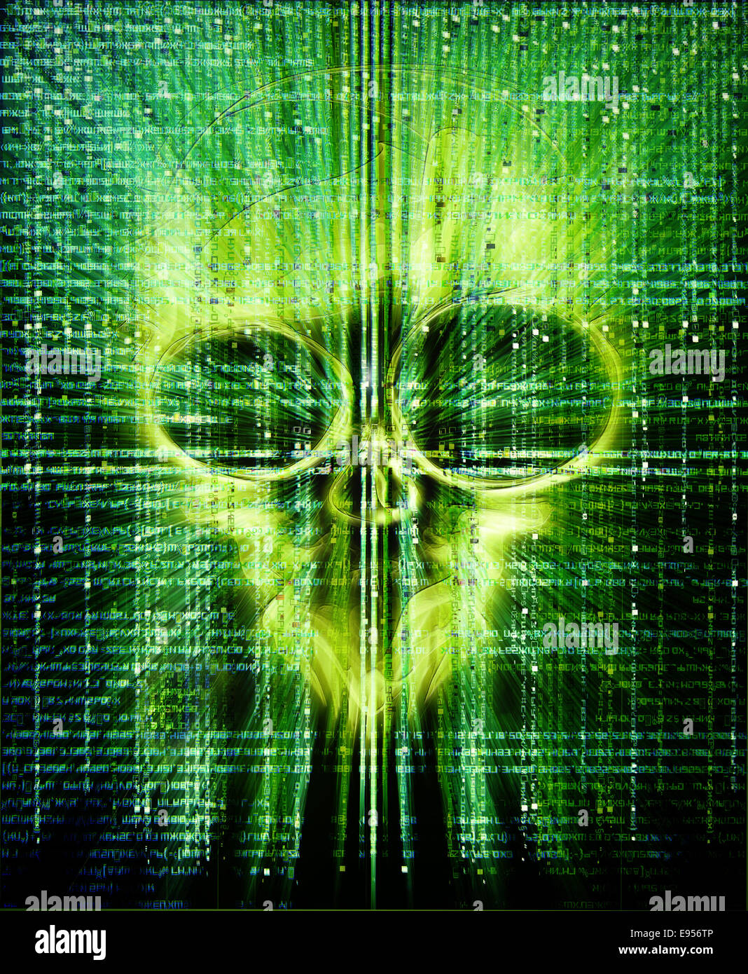high quality hacker attack green digital illustration with skull Stock Photo
