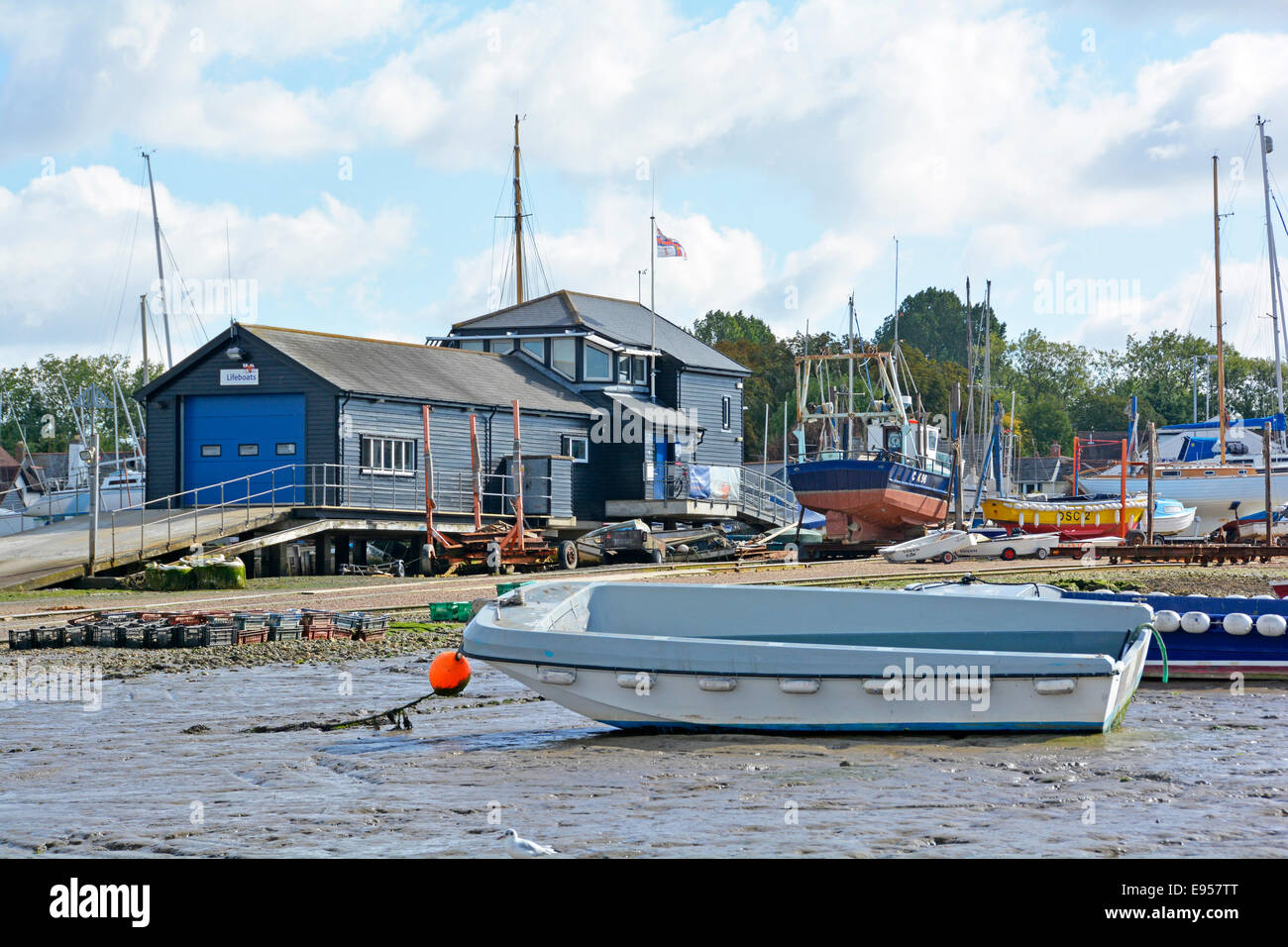 West Mersea island lifeboat station buildings and boat yards along the