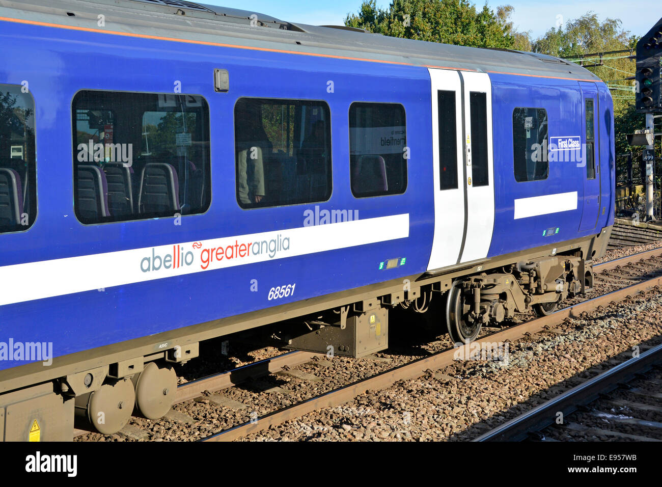 Abellio Greater Anglia brand name on railway carriage forming the front of a train departing Shenfield station Stock Photo