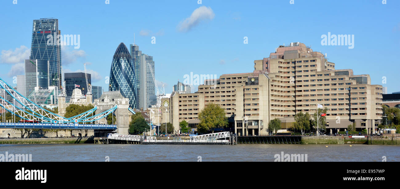 City of London modern landmark cityscape financial district skyscraper buildings & riverside Guoman Tower Hotel St Katharine Pier on River Thames UK Stock Photo