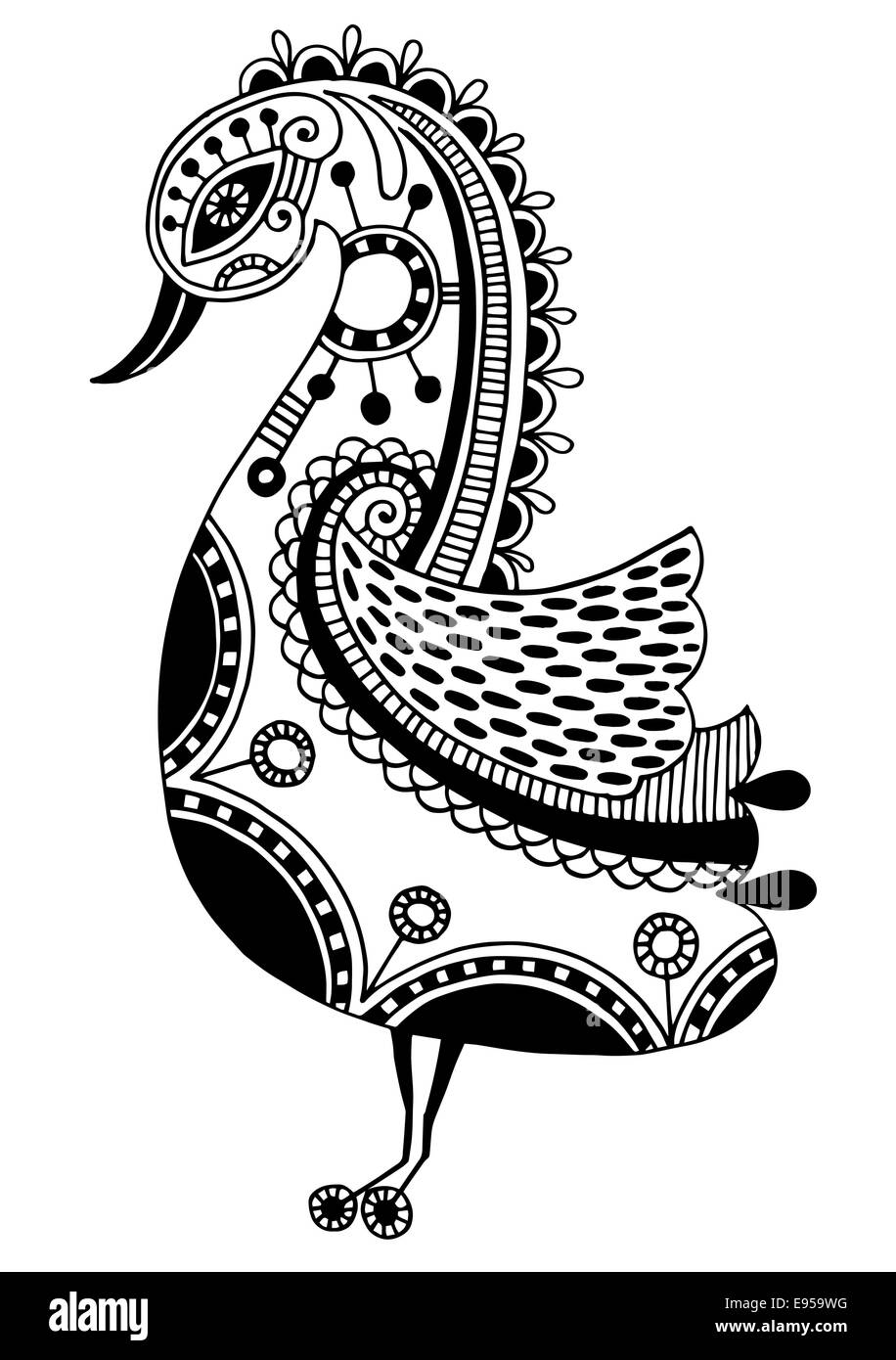 ink drawing of tribal ornamental bird, ethnic pattern, black and Stock ...