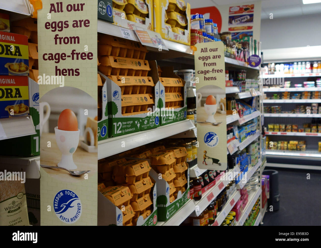 Eggs from cagefree hens on sale in branch of Sainsbury's supermarkets, London Stock Photo Alamy