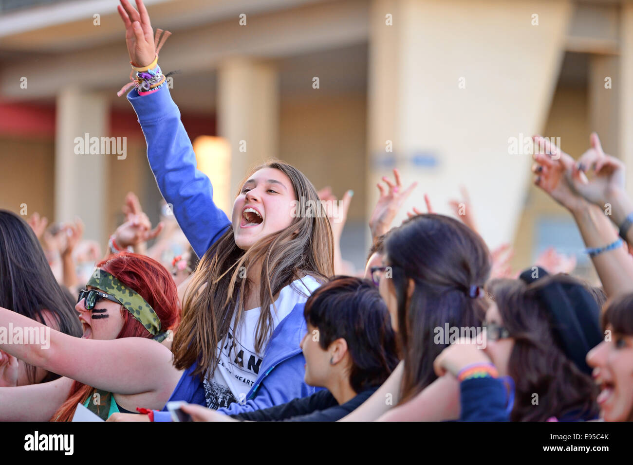 BARCELONA - MAY 23: Girls from the audience in front of the stage, cheering on their idols at the Primavera Pop Festival of Bada Stock Photo
