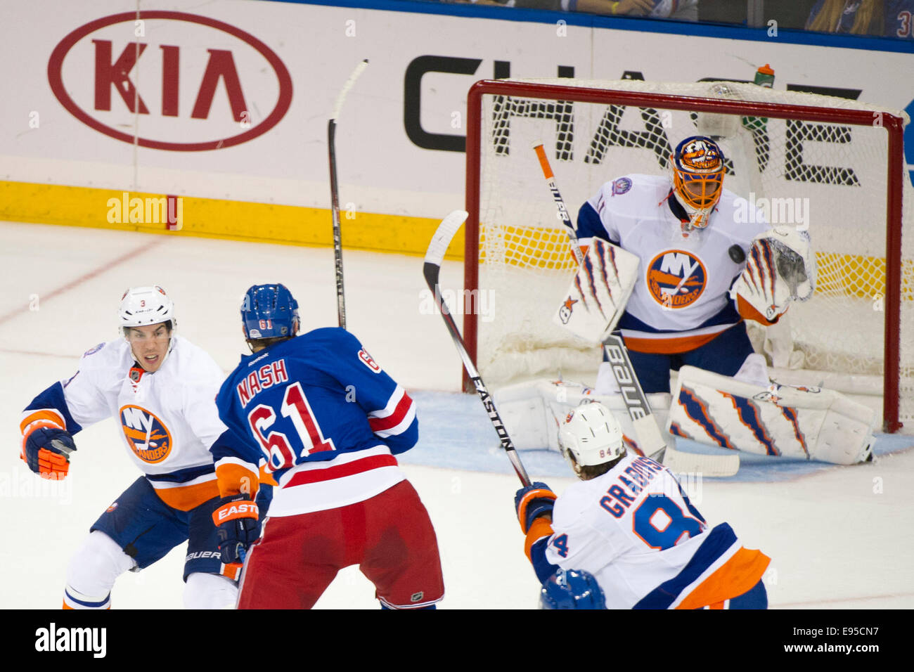 New York Islanders flag, NHL, orange blue metal background, american hockey  team, HD wallpaper