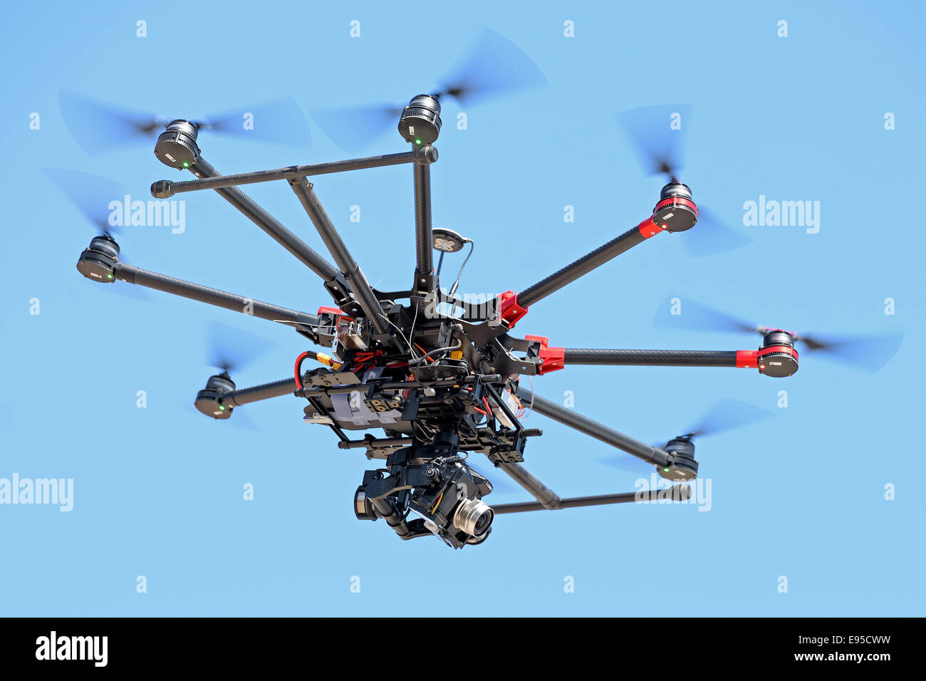 BARCELONA - JUN 28: A drone controlled by remote control, to take pictures and video recording at LKXA Extreme Sports Barcelona. Stock Photo