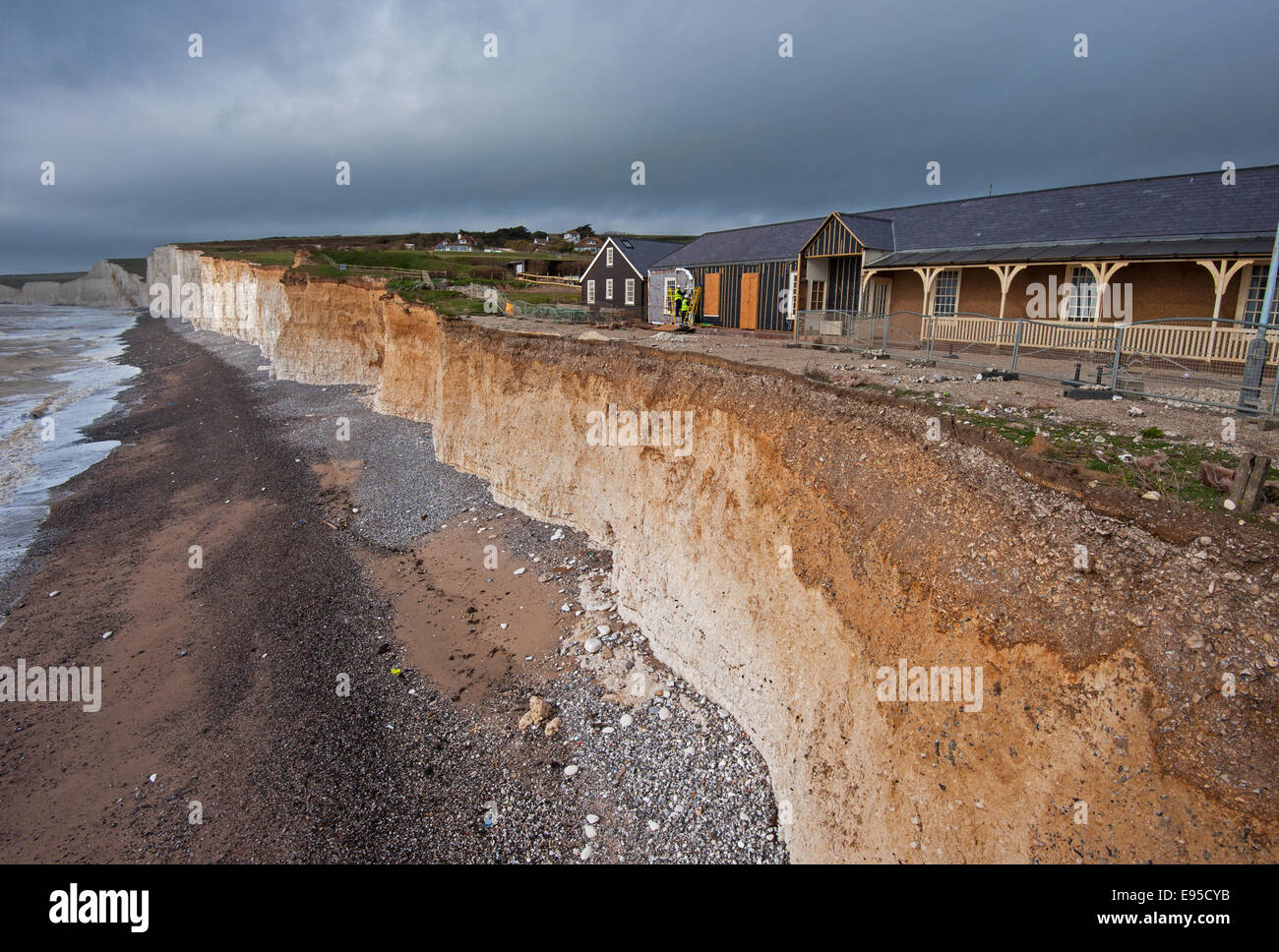 Cliffs at Birling Gap continue to erode at pace after bad weather, the cafe lost part of it's outside space during a collapse Stock Photo