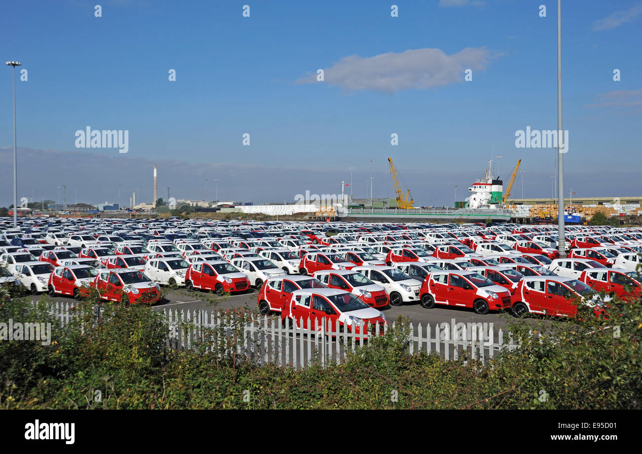 Imported cars on Grimsby Docks ready to be transported across the UK