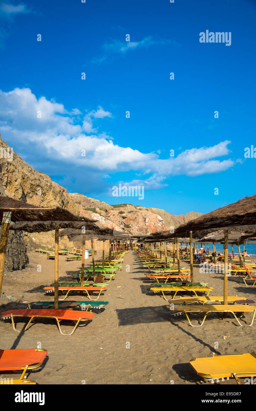 parasols at beach of paliochori milos greece Stock Photo