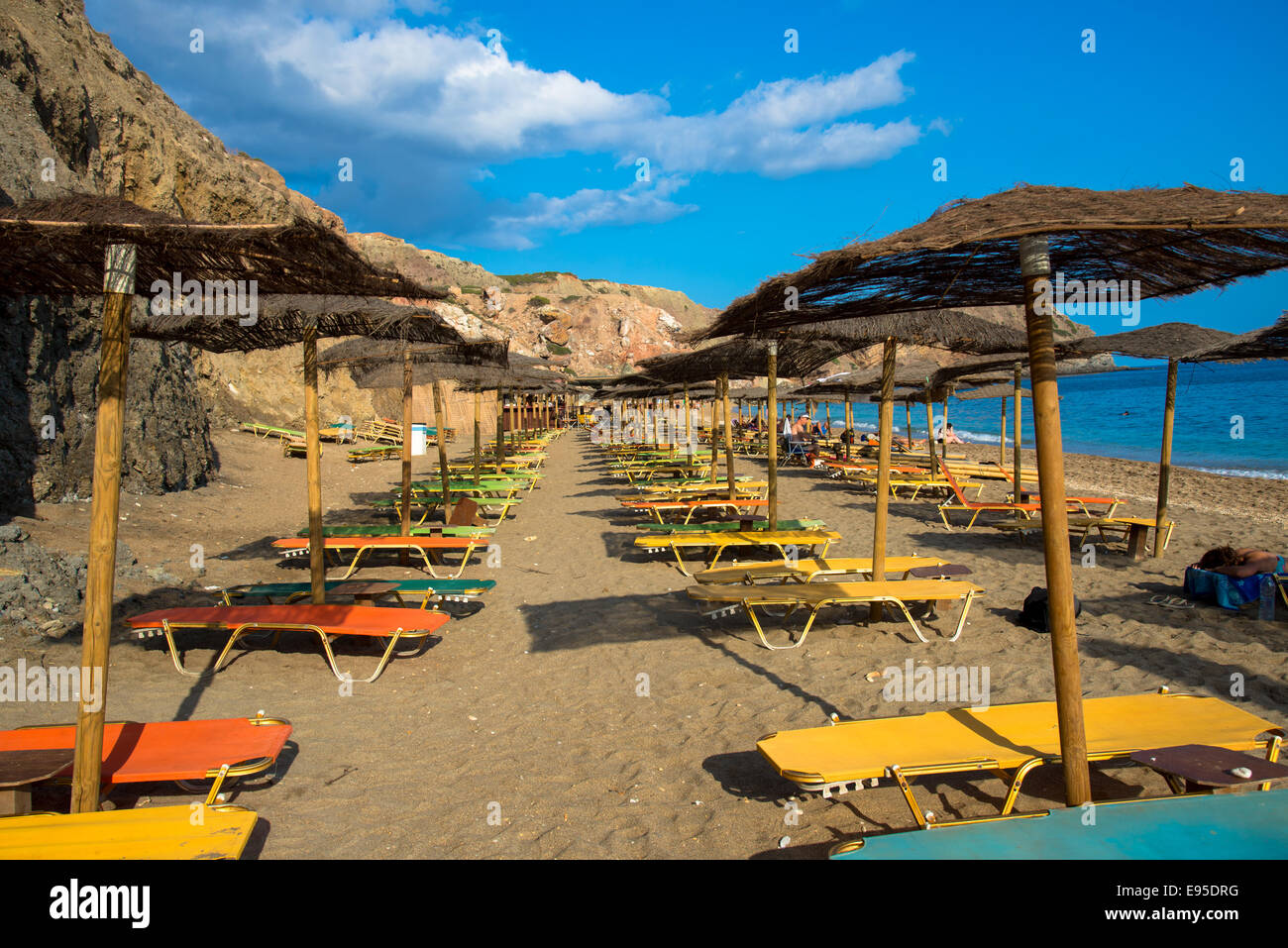 parasols at beach of paliochori milos greece Stock Photo