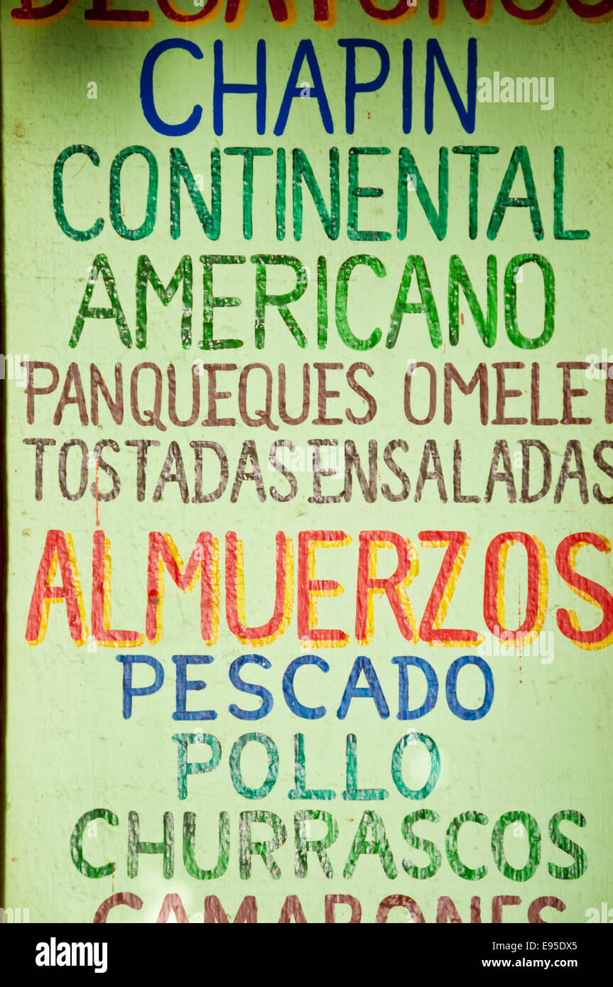 Restaurant menu, Panajachel, Guatemala Stock Photo