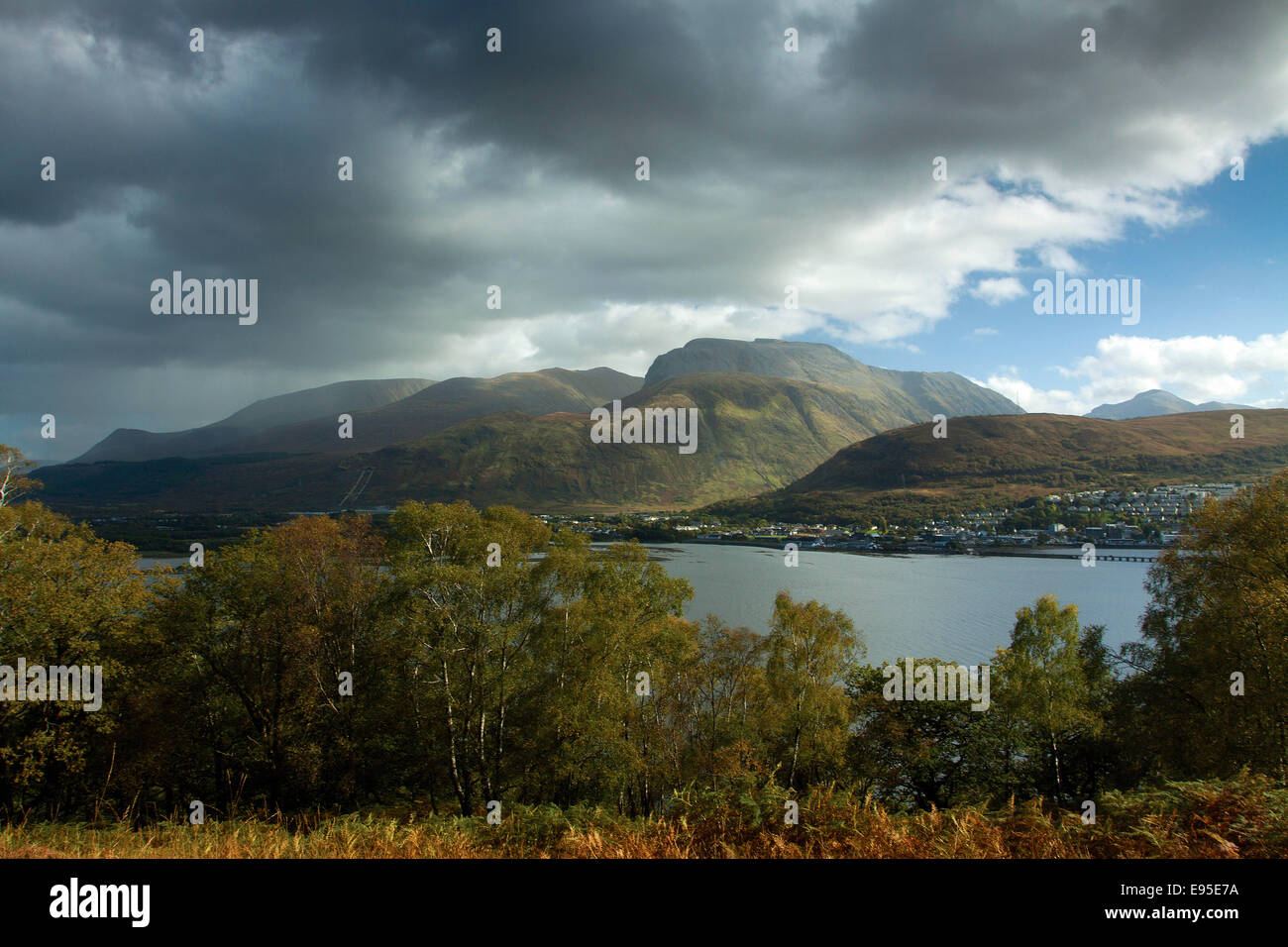 Ben Nevis, Fort William and Loch Linnhe from the Crofter's Woods, Camusnagaul, Ardgour, Lochaber Stock Photo