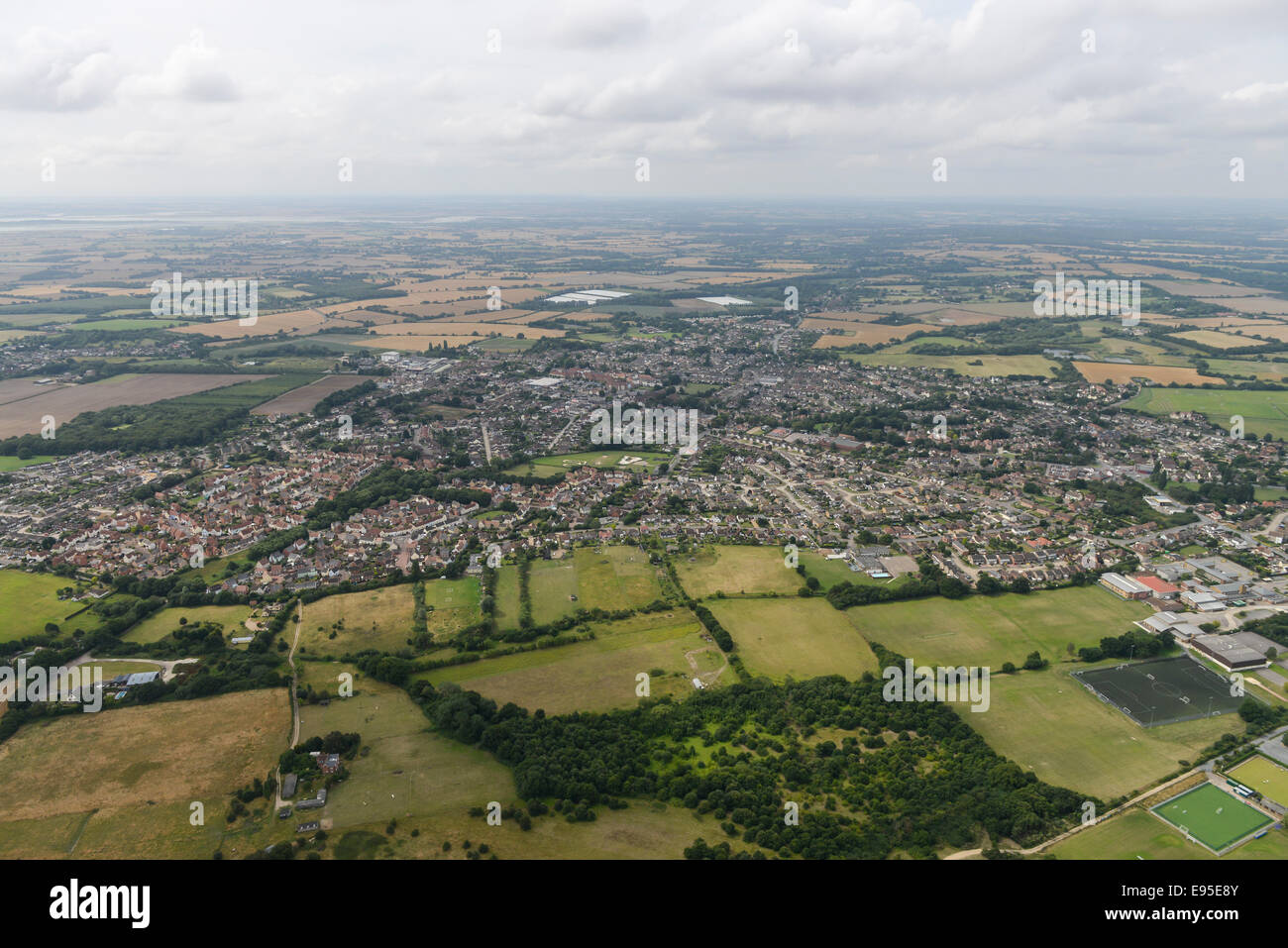 An aerial view of Tiptree in Essex with the surrounding countryside and the River Blackwater visible Stock Photo