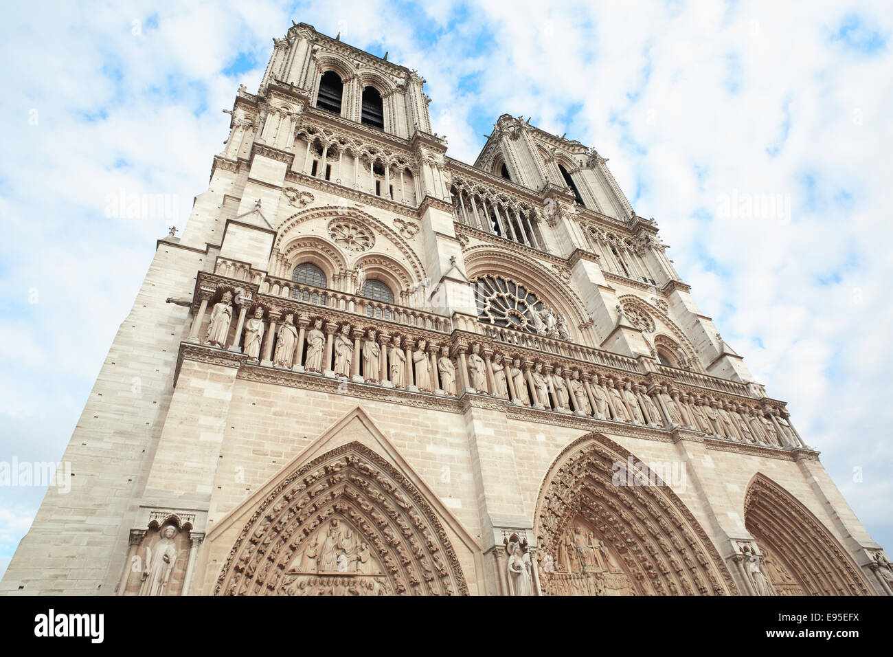 Notre Dame cathedral in Paris, low angle view Stock Photo