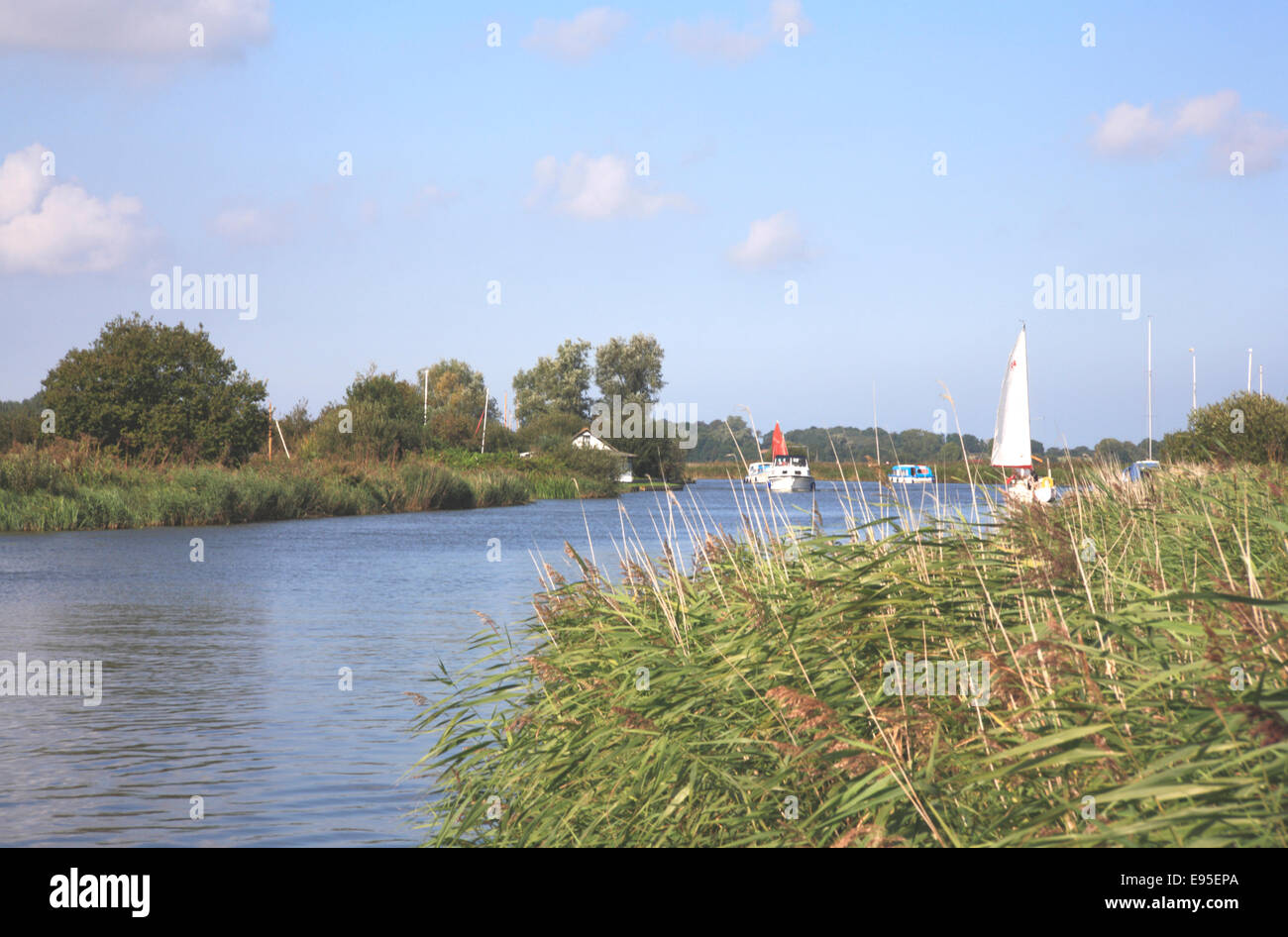 A view of the River Thurne on the Norfolk Broads at Thurne, Norfolk, England, United Kingdom