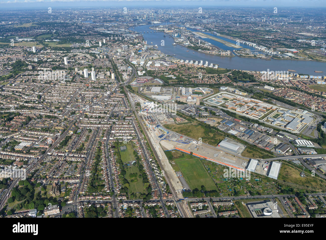 An aerial view from the Plumstead area of London looking towards the city. Belmarsh Prison and London City Airport visible Stock Photo