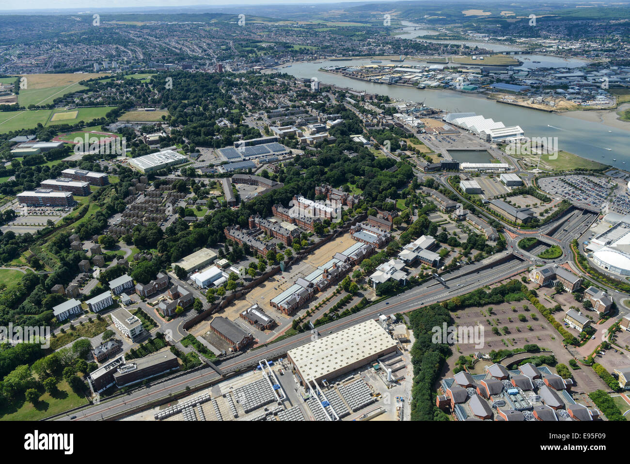 An aerial view looking down the River Medway over Rochester and Strood
