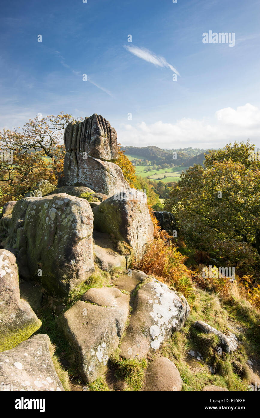 A sunny day in autumn with view from Robin Hoods Stride near Birchover in the Peak District, Derbyshire. Stock Photo