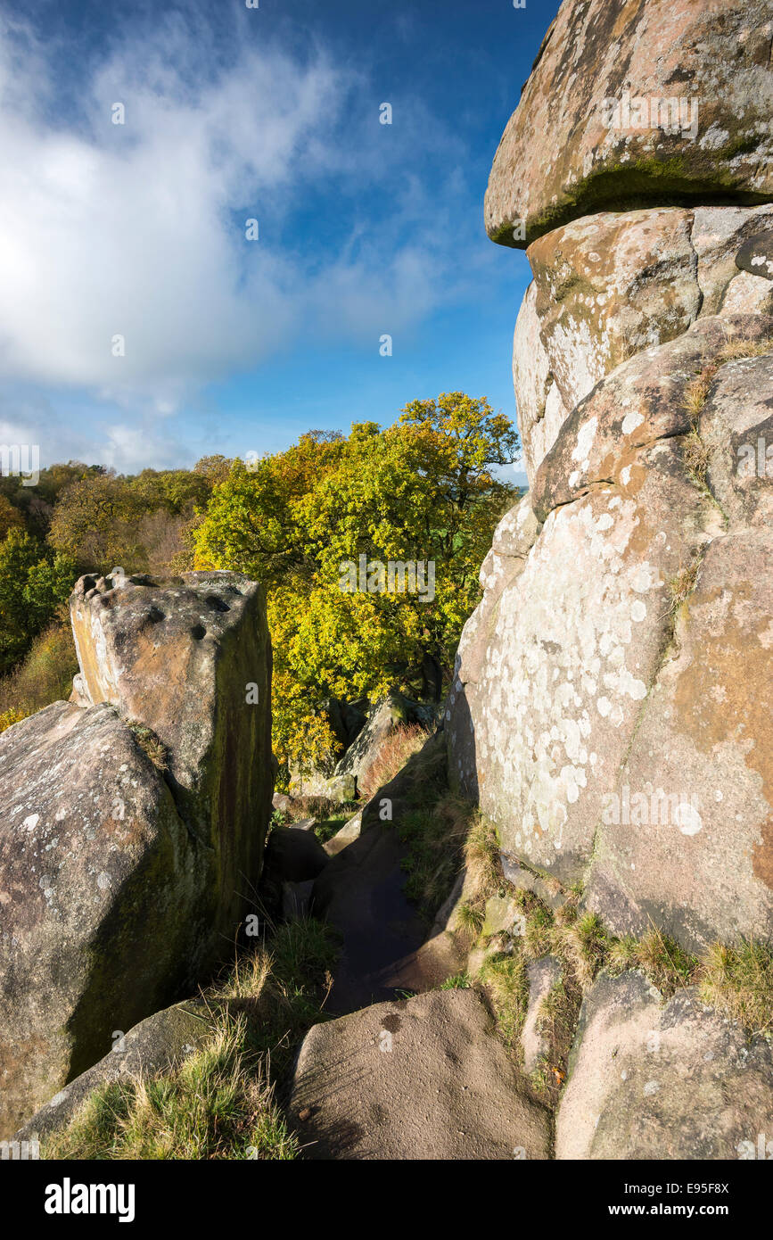 Rocks at Robin Hoods stride in the Peak District, Derbyshire on a sunny autumn day. Stock Photo
