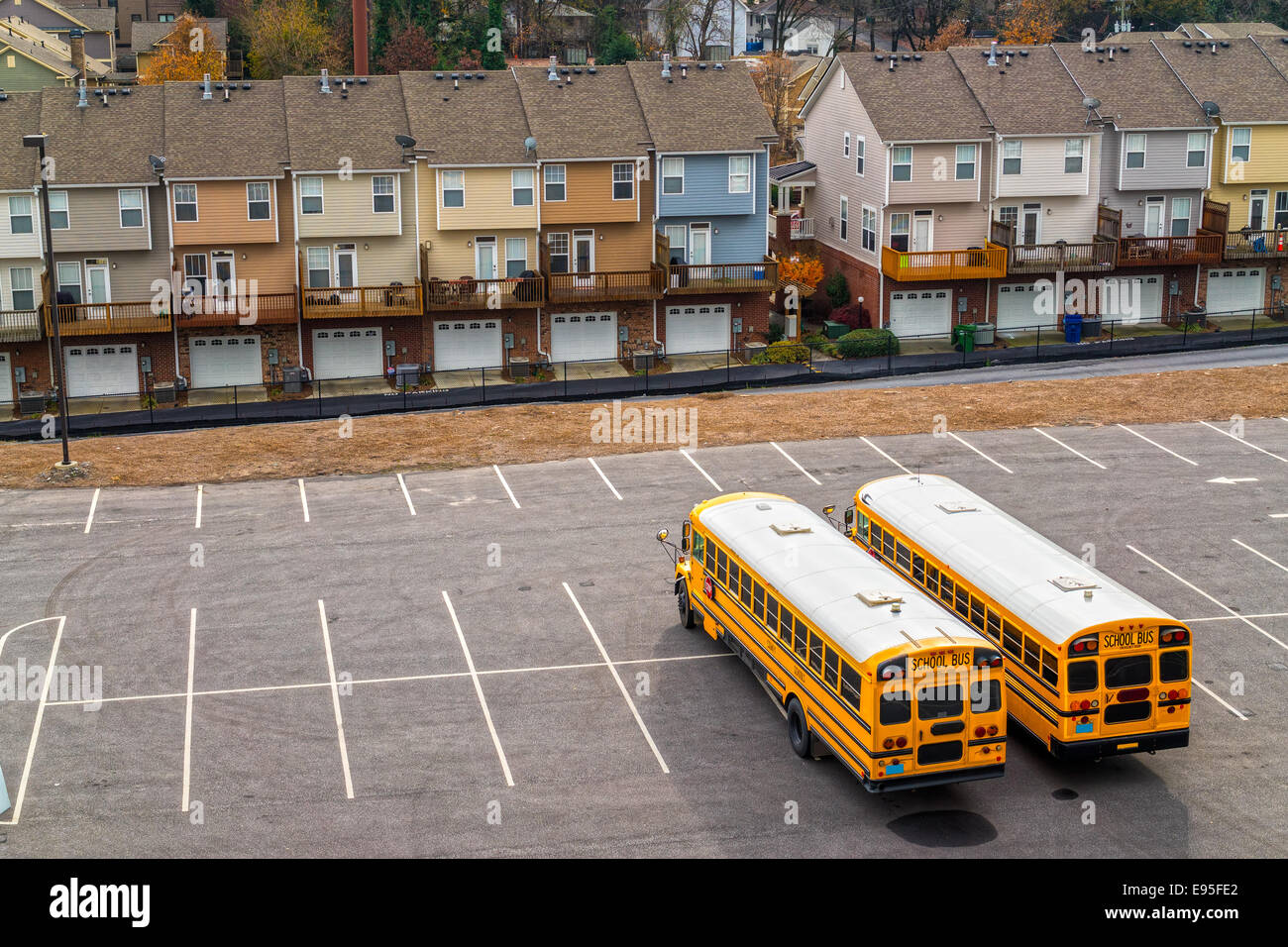 Schoolbuses in a parking, Atlanta, Georgia, USA. Stock Photo