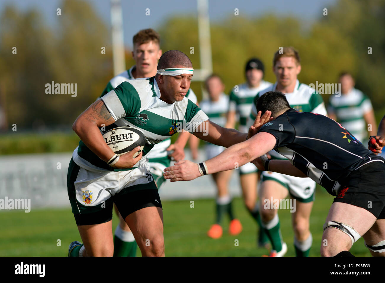 a penrith rugby player is tackled at broughton park rugby club, manchester, uk Stock Photo