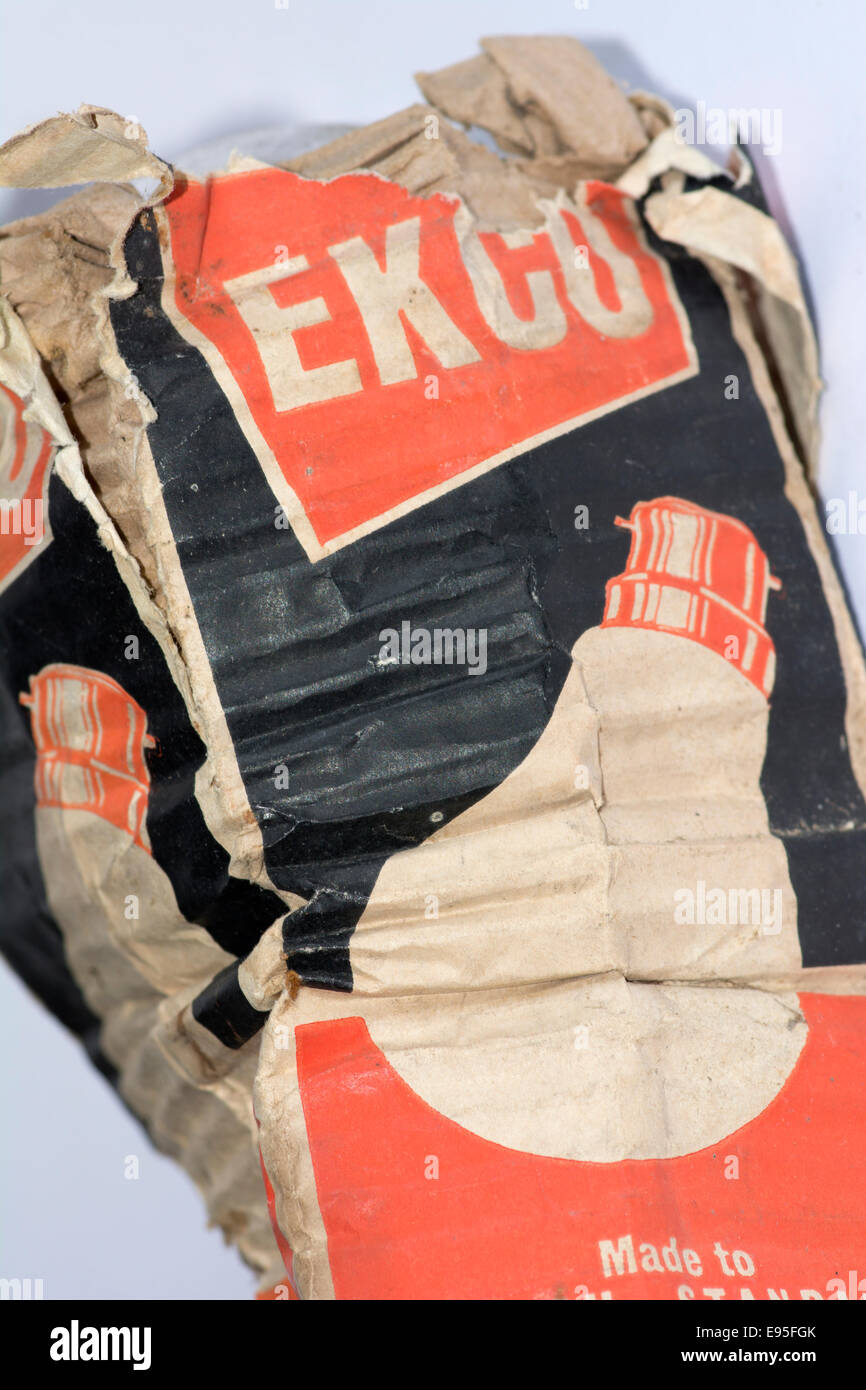 Old corrugated paper packaging for an Ekco electric light bulb Stock Photo