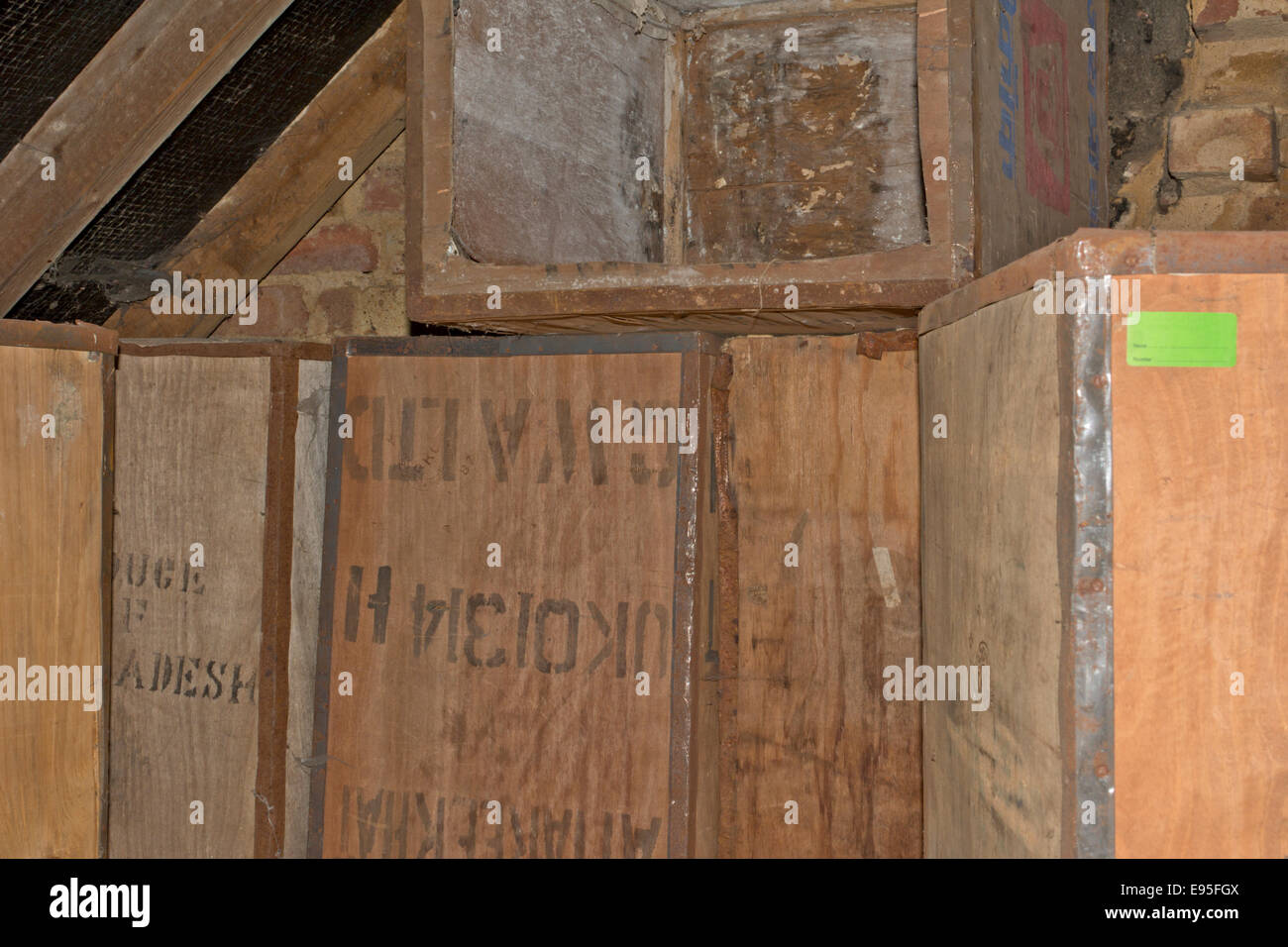 Old tea chests in a house loft Stock Photo