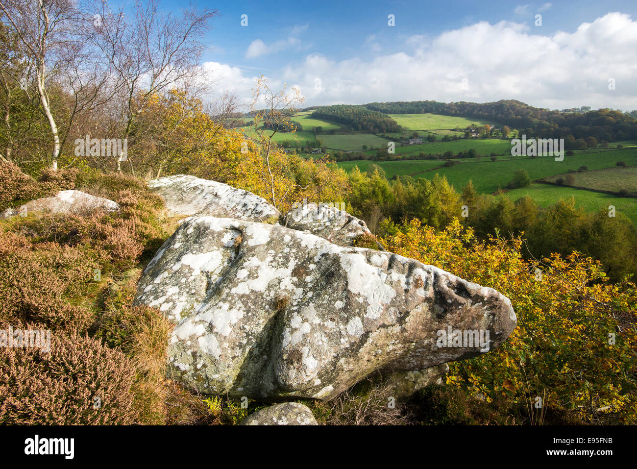 View from Cratcliffe Tor near Elton in Derbyshire. Viewpoint near Robin Hoods Stride and Birchover in the Peak District national park. Stock Photo