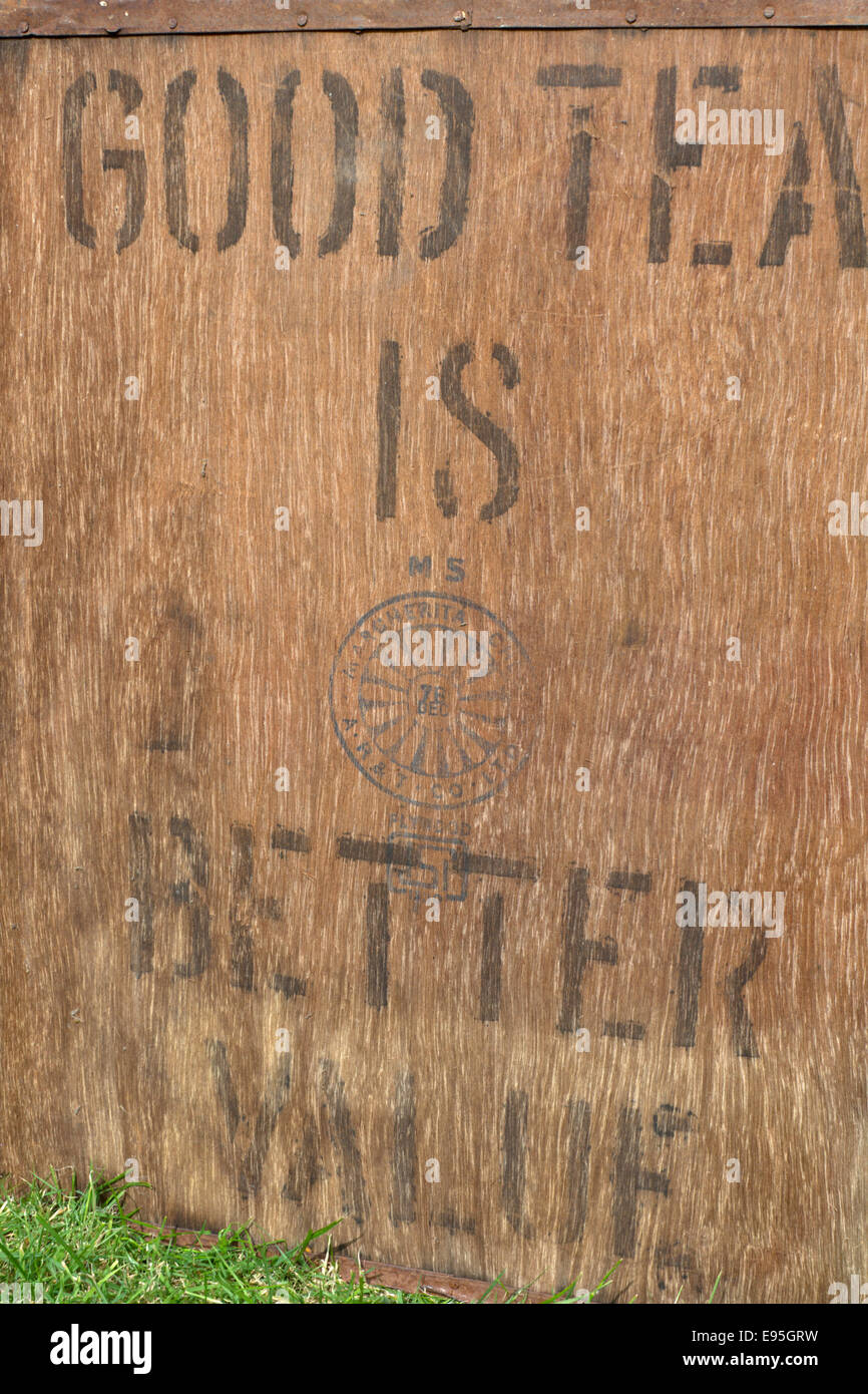 Lettering on the side of an old tea chest, reading 'Good tea is better value' Stock Photo