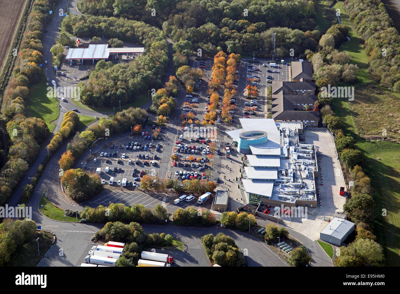 aerial view of Cherwell Valley Services just off the M40 and A43 in Oxfordshire Stock Photo