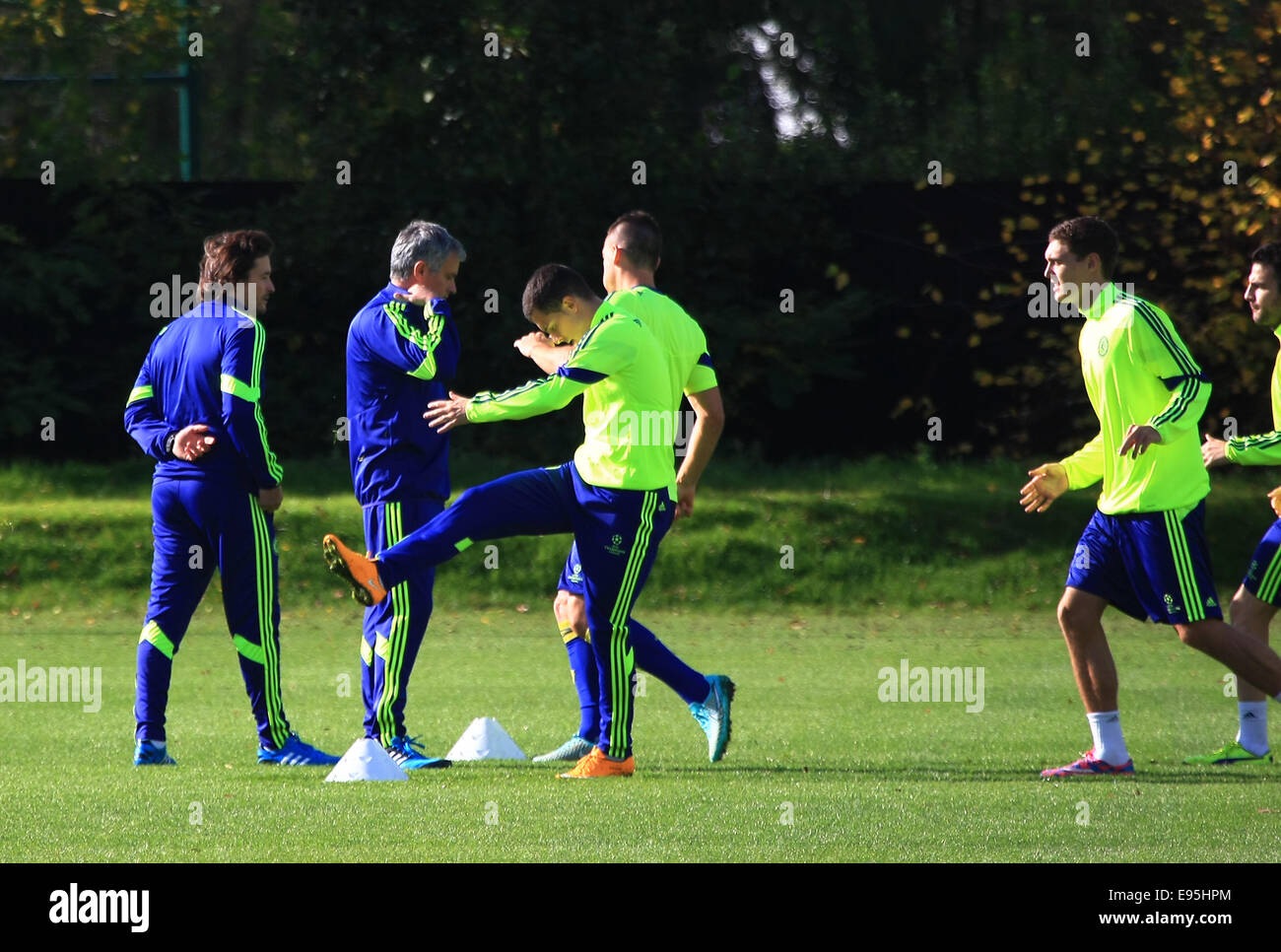 Players of Chelsea Football Club train at their Cobham, Surrey