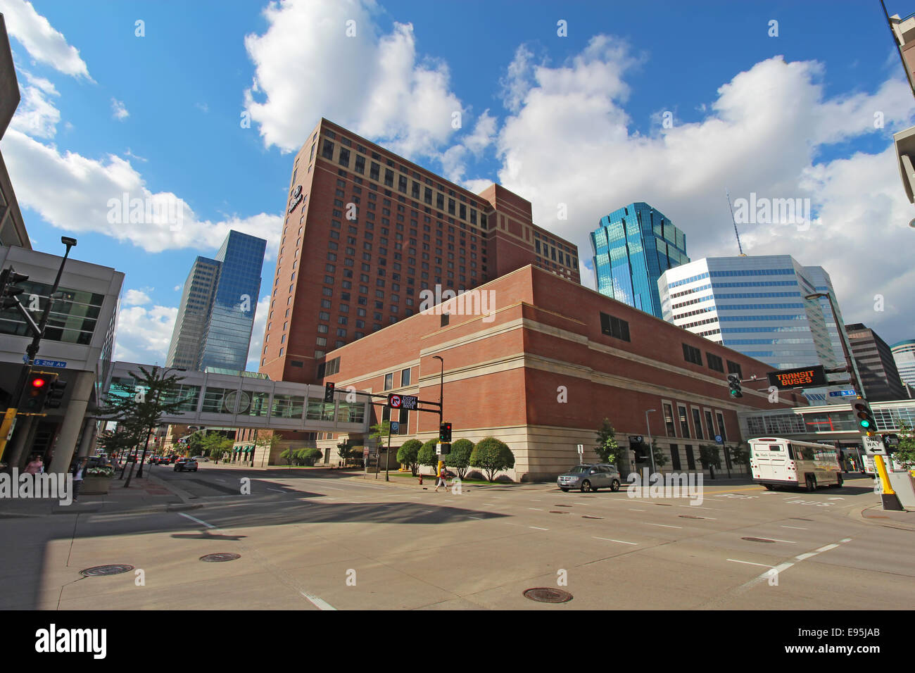 Partial skyline of Minneapolis, Minnesota including the Hilton Hotel viewed from 2nd Avenue Stock Photo