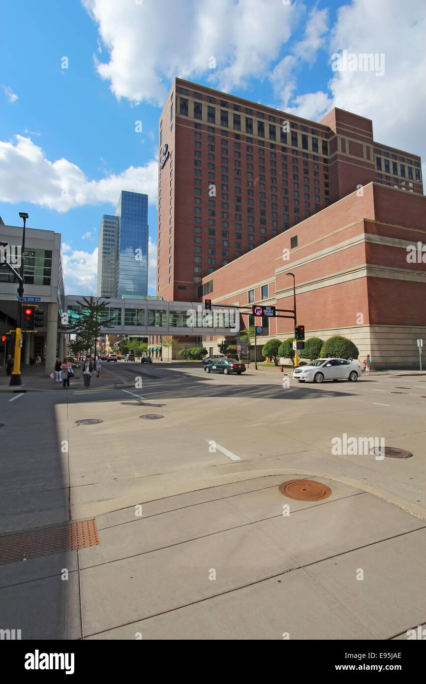 Partial skyline of Minneapolis, Minnesota including the Hilton Hotel viewed from 2nd Avenue vertical Stock Photo