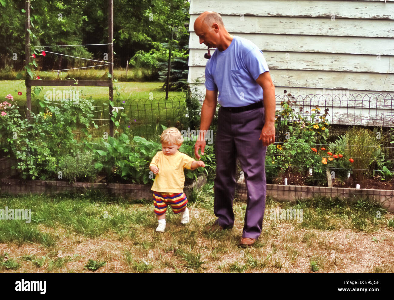 grandfather helping toddler grandson to walk Stock Photo