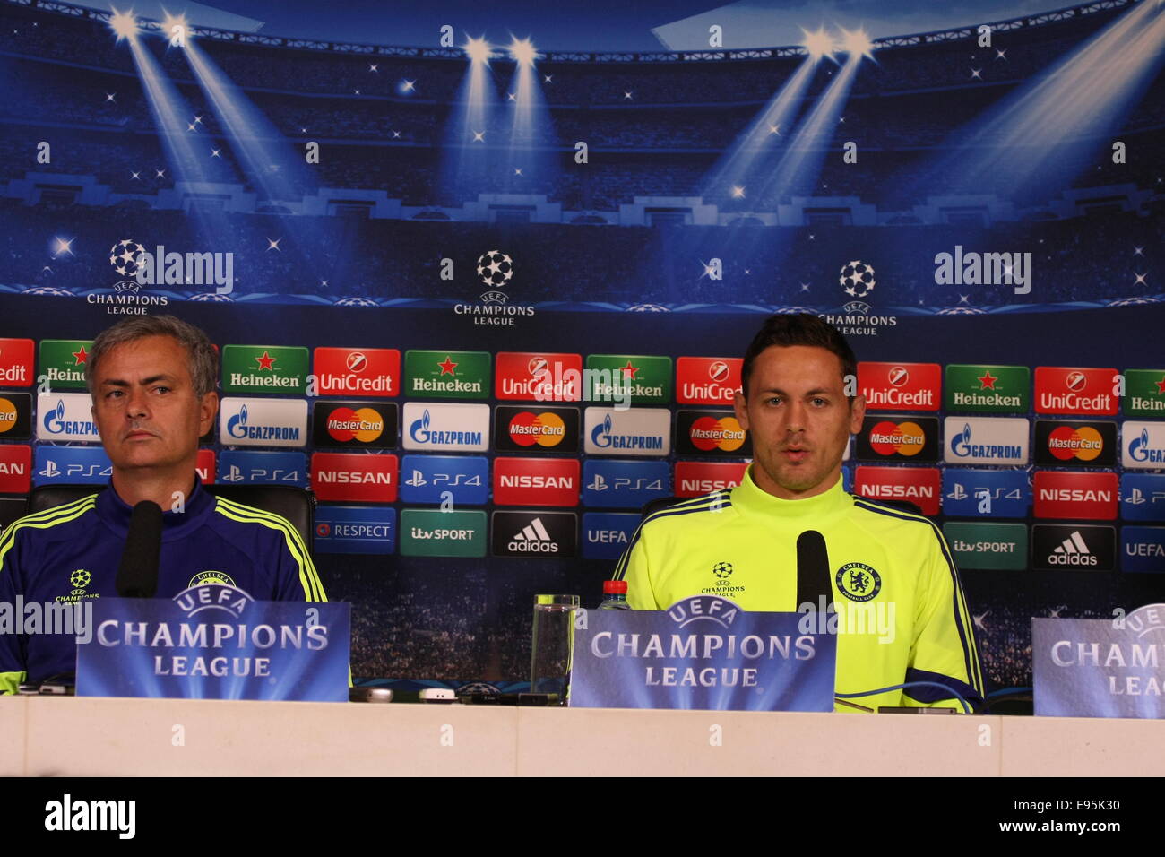 Nemanja Matic, Chelsea Football Club talks to media priot yo Champions league match against Schalke Stock Photo