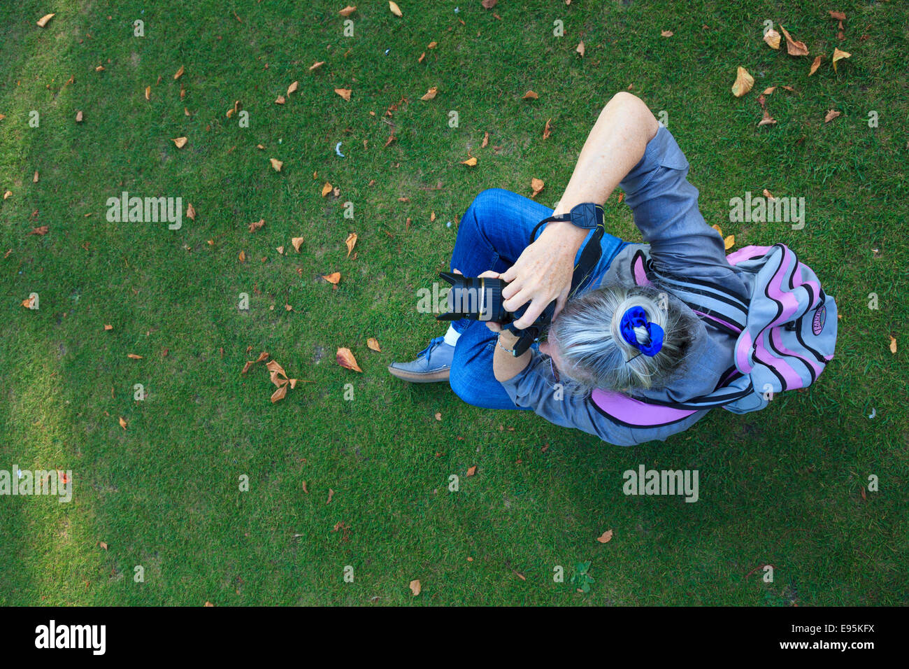 Looking down from above on a woman photographer sitting on grass taking photograph Stock Photo