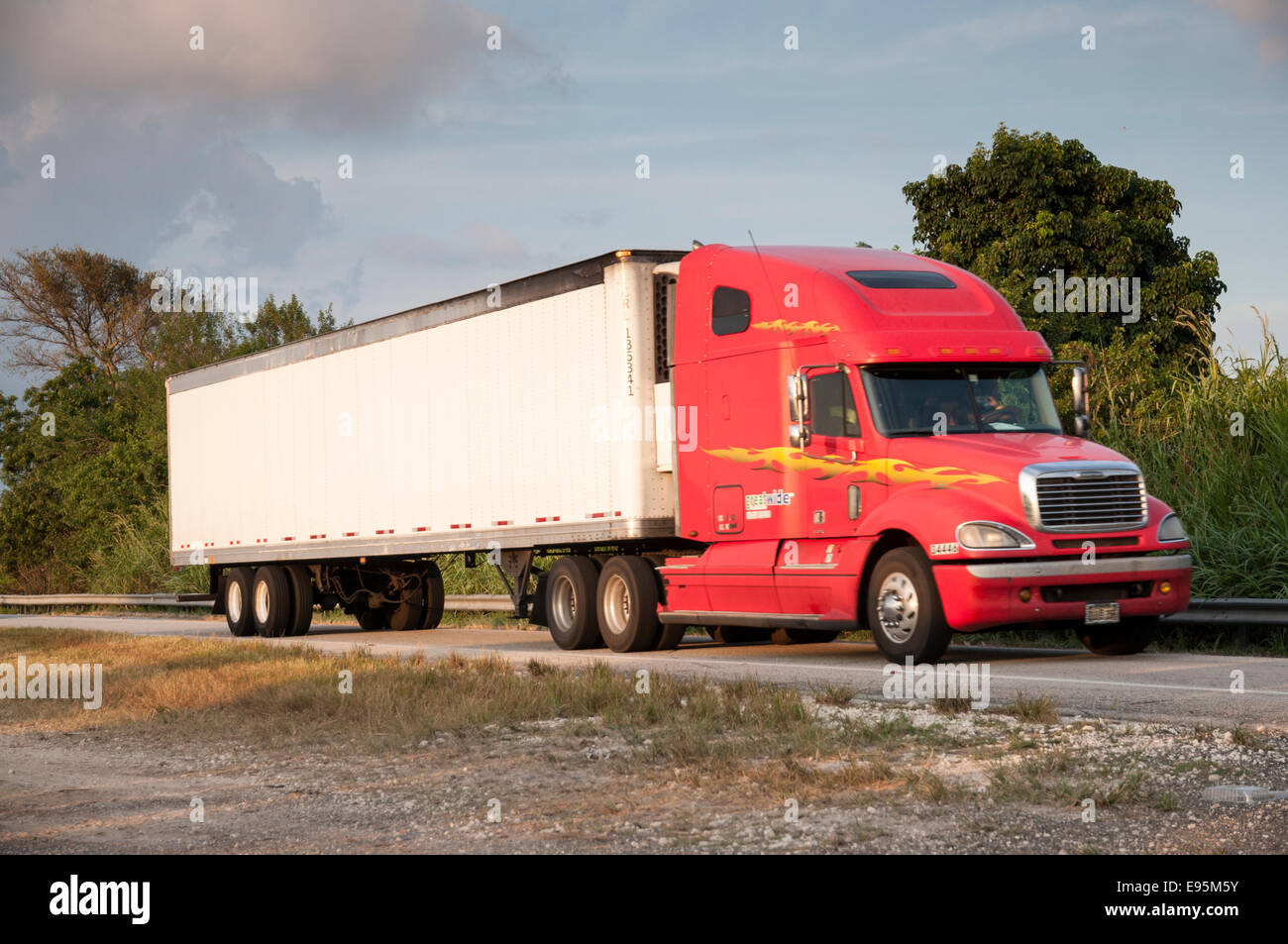 Red Freightliner Century Class semi-trailer truck Stock Photo