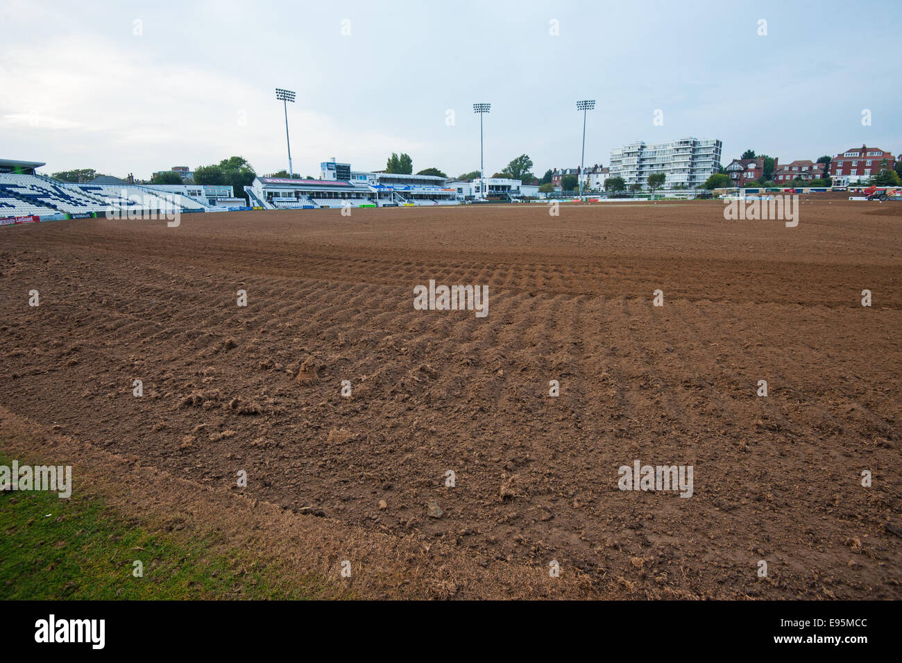 Sussex County Cricket ground dug up waiting to be reseeded for the new season Stock Photo