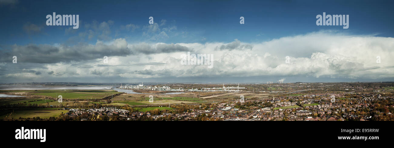 Panoramic view from Frodsham Hill Mersey view Cheshire overlooking the Mersey estuary towards Liverpool and Runcorn, Marsh land Stock Photo