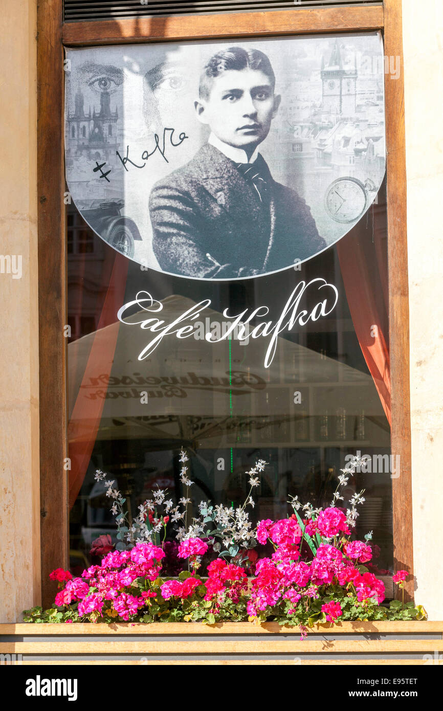 Franz Kafka Square Prague Czech Republic Portrait in the window display, restaurant Cafe Kafka Stock Photo