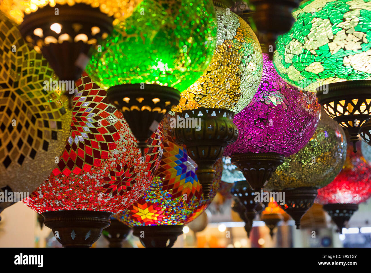 Display of colourful and traditional Turkish mosaic lamps in a shop in Bodrum, Turkey Stock Photo