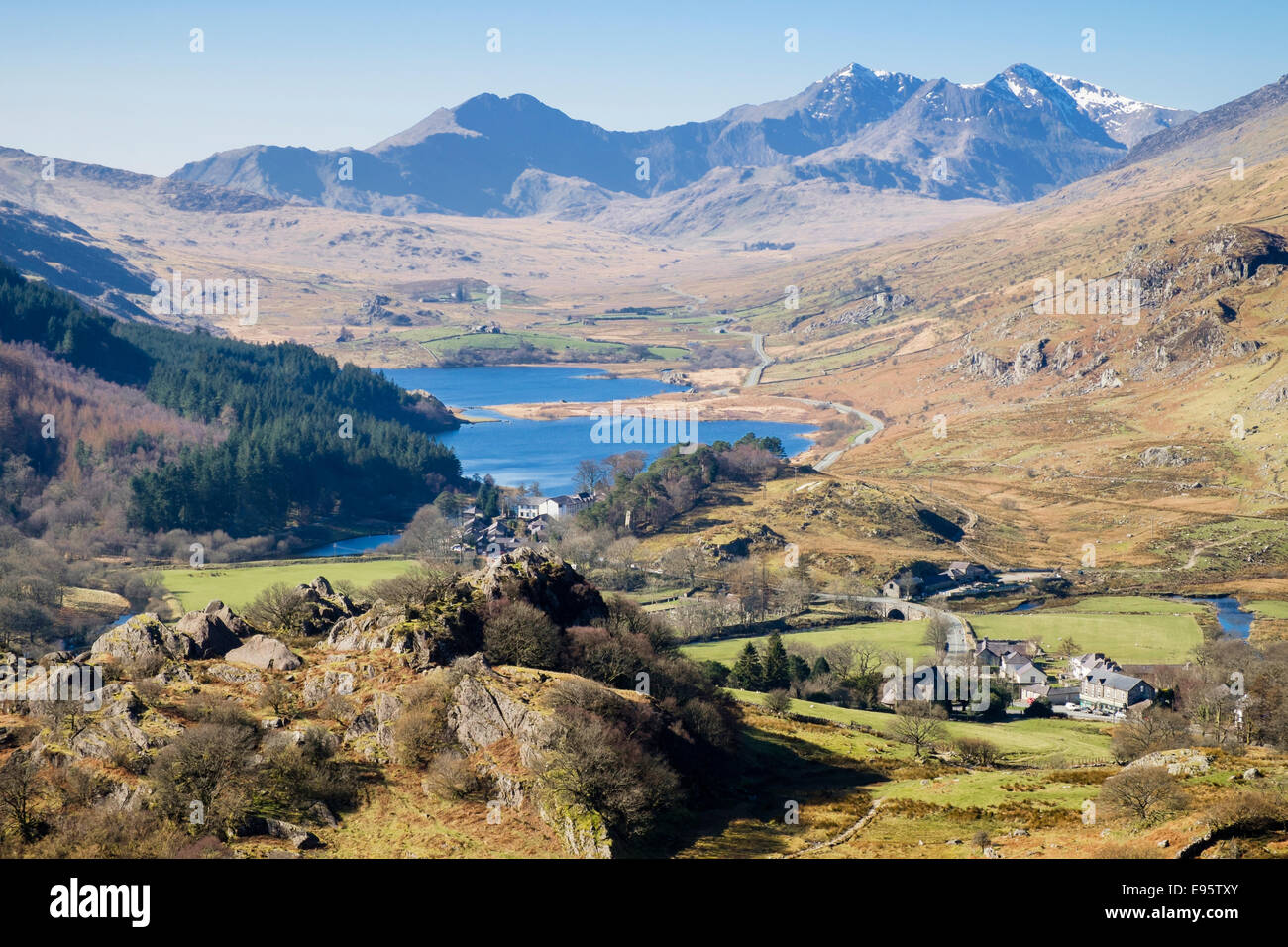 Scenic view above Capel Curig to Llynnau Mymbyr lakes and Snowdon Horseshoe in Snowdonia National Park mountains (Eryri) Conwy Wales UK Britain Stock Photo