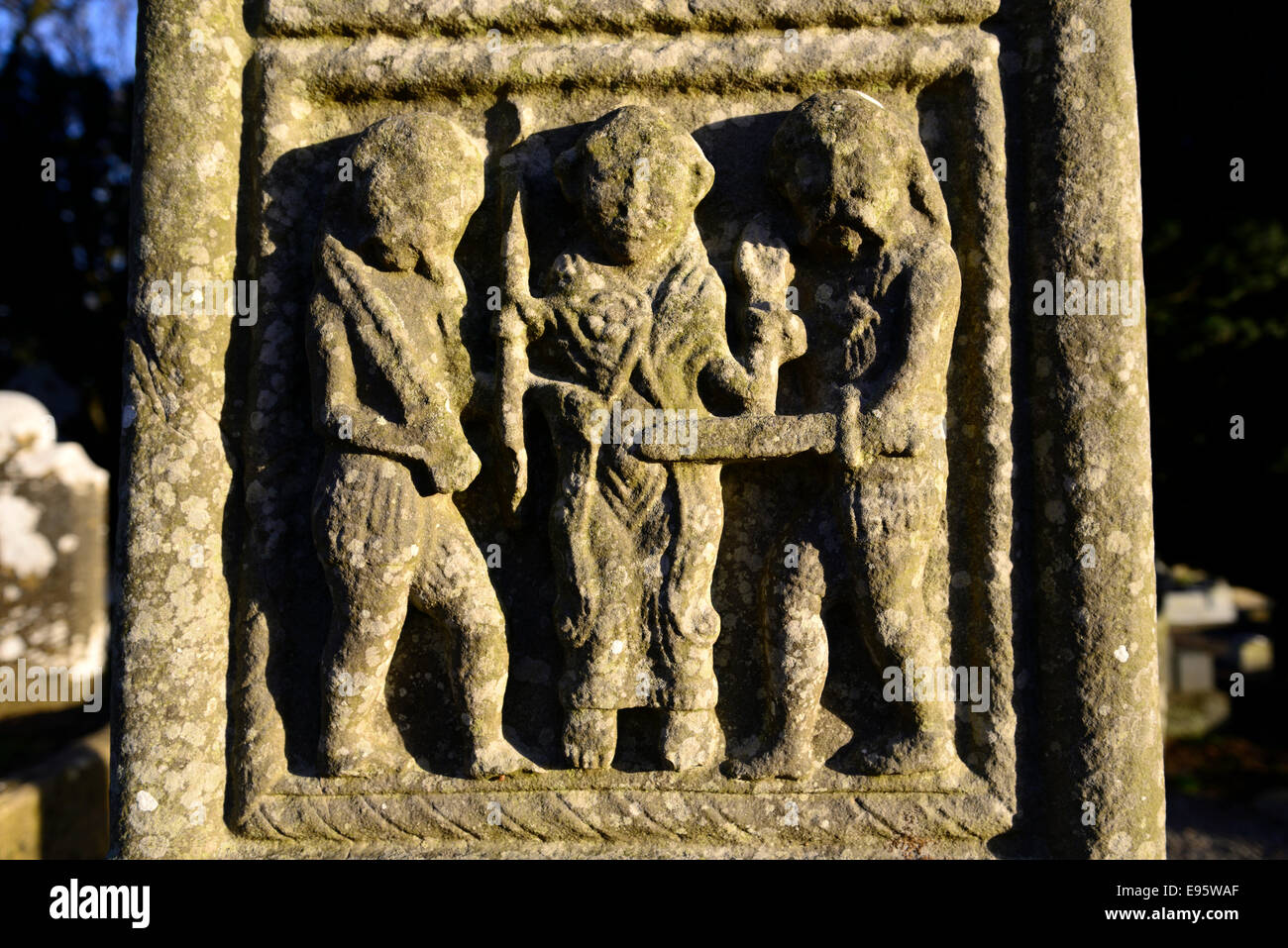 Panel detail showing arrest of christ Closeup Cross of Muiredach 10th century wheel head cross monasterboice religion Stock Photo