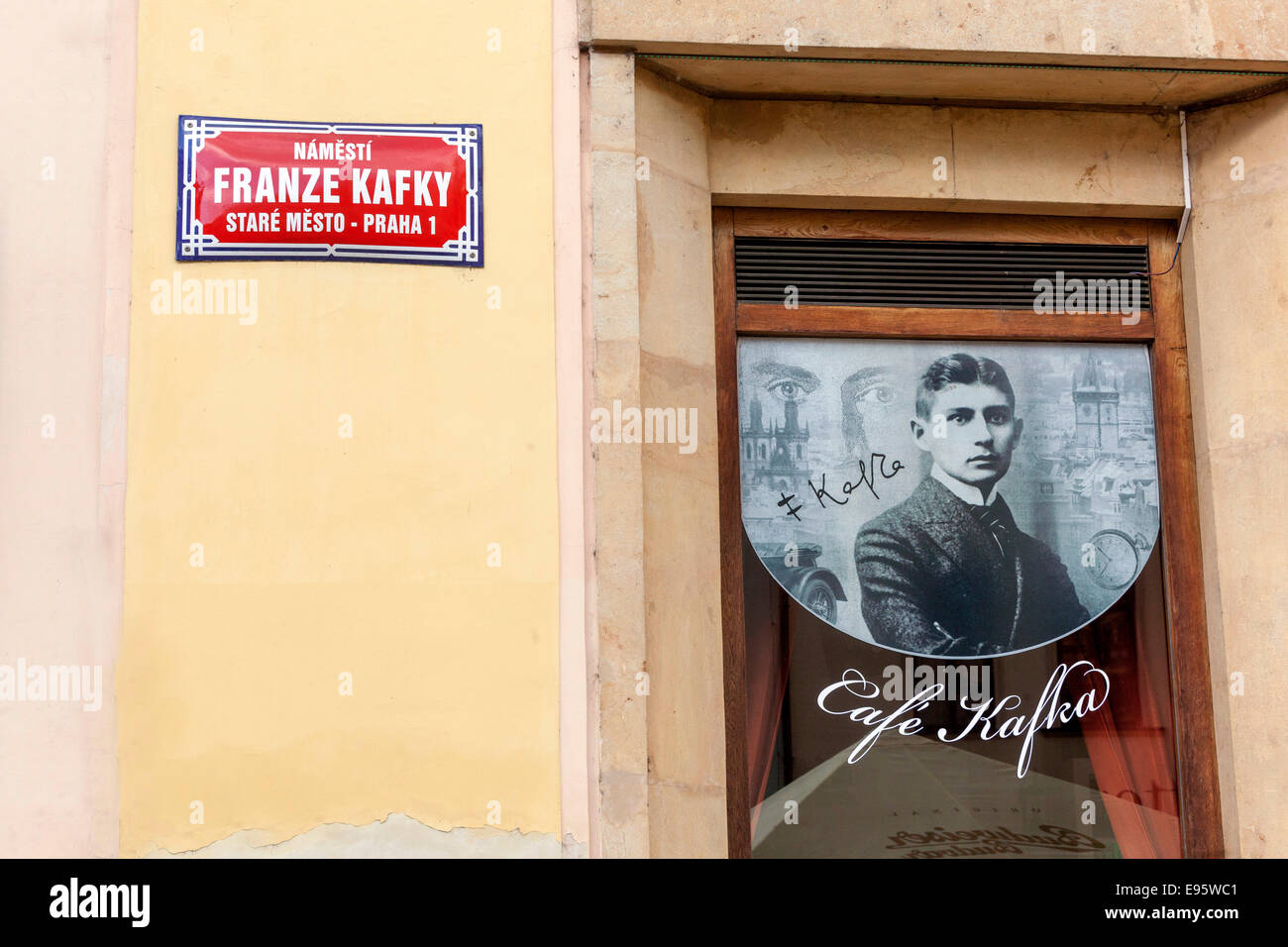 Franz Kafka Square, Prague, Czech Republic Portrait in the window display, restaurant Cafe Kafka Stock Photo