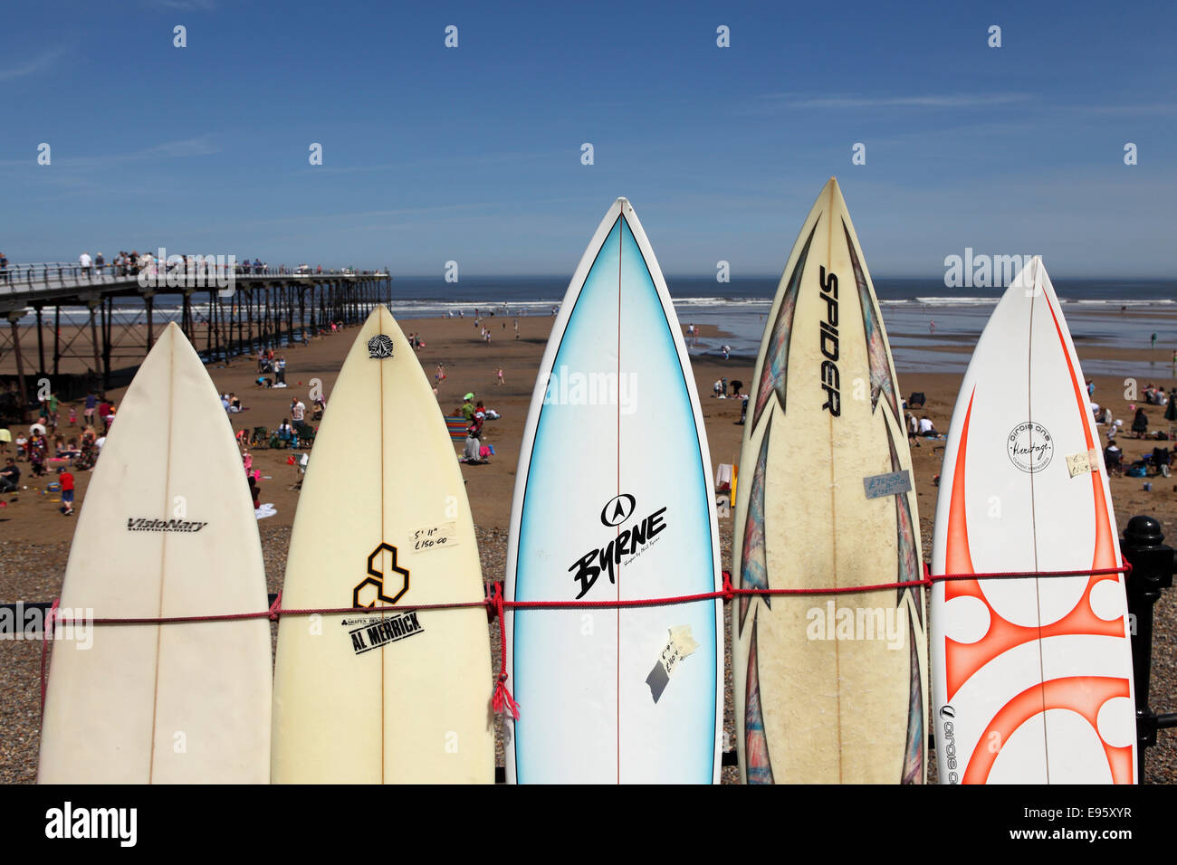 Surfboards on the promenade of Saltburn-by-the-Sea, United Kingdom. Stock Photo
