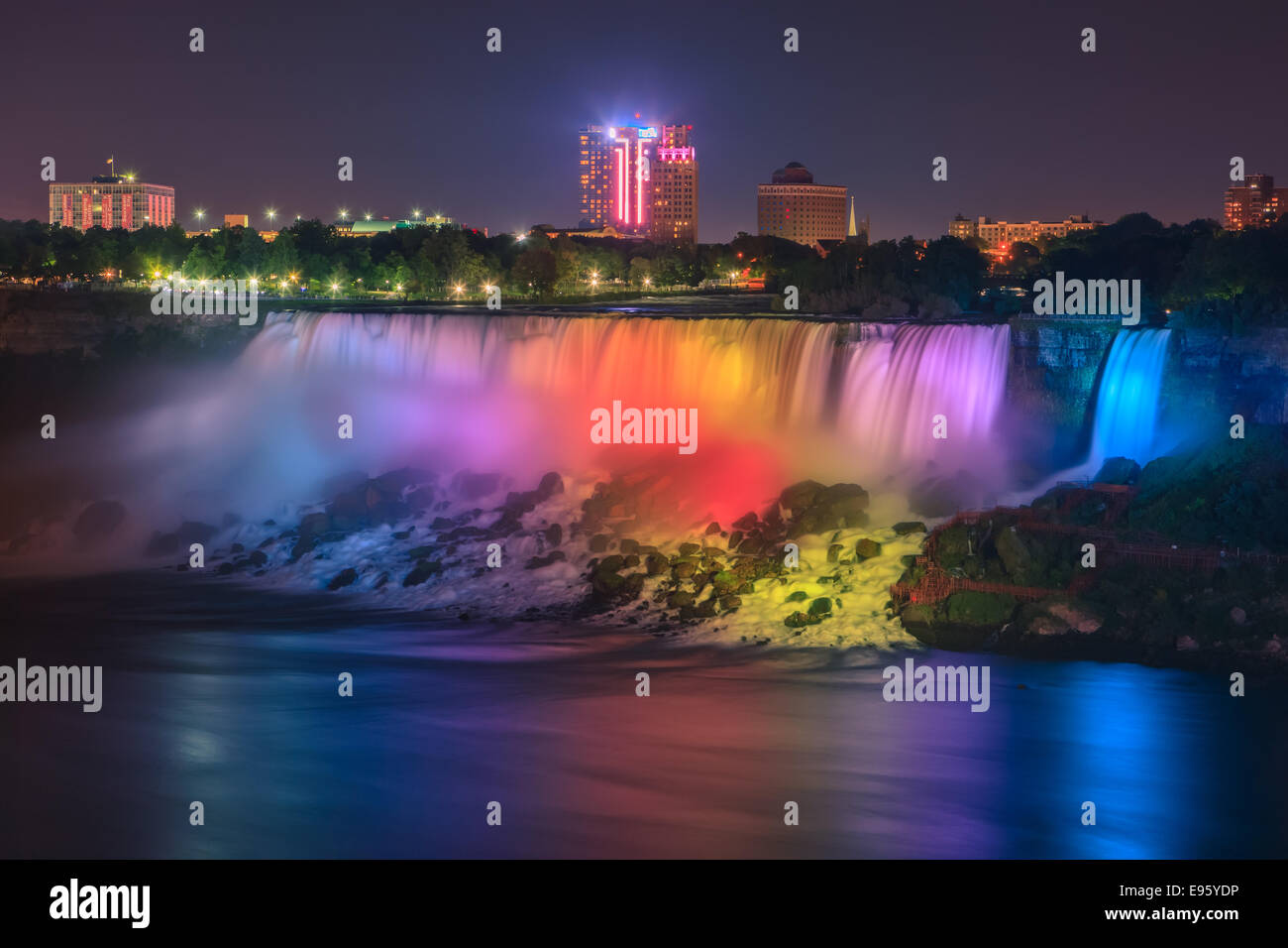 Light show at the American Falls, part of the Niagara Falls, Ontario, Canada. Stock Photo
