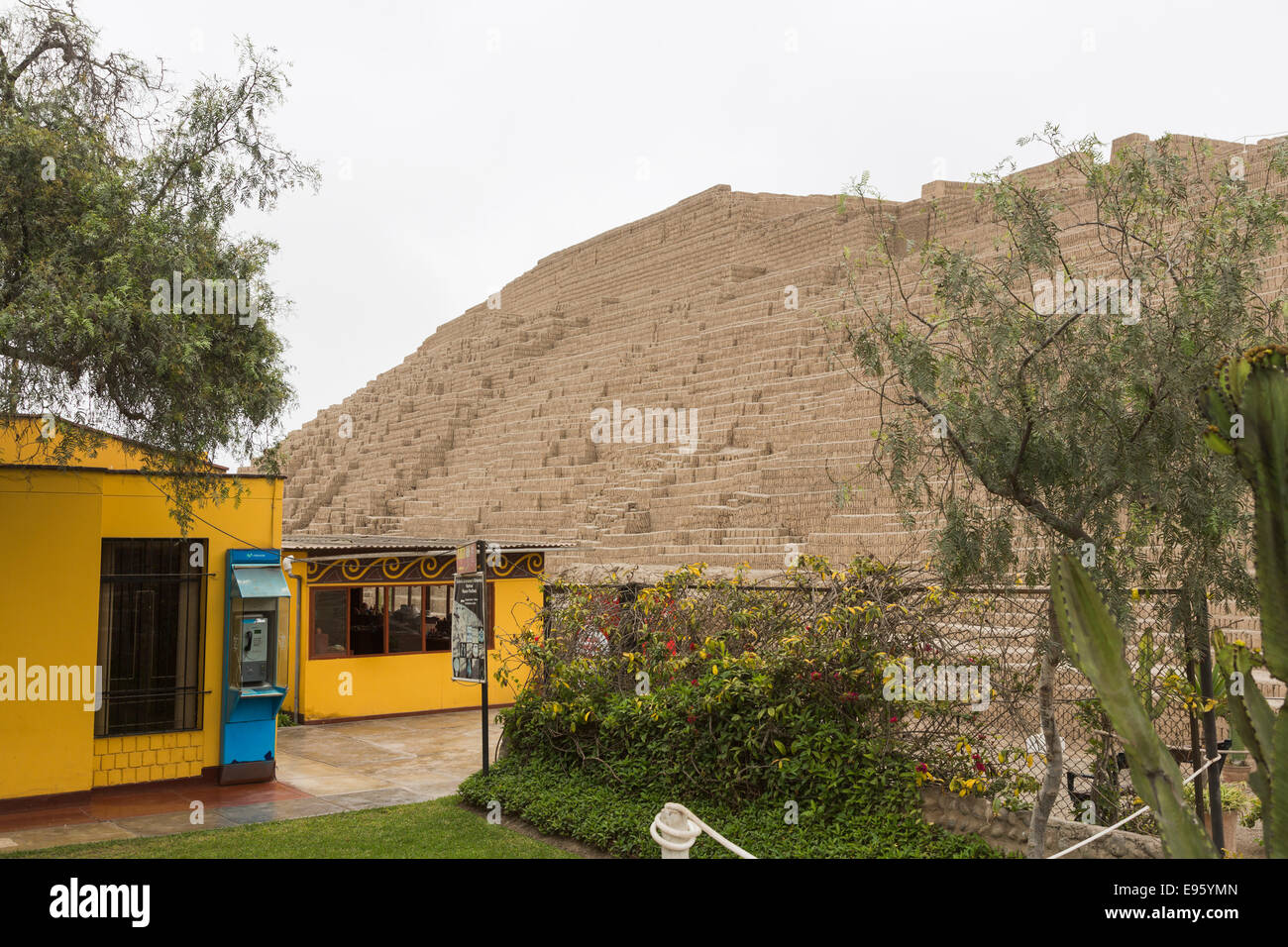 Sightseeing: the iconic pre-Inca Lima Culture adobe brick-built terraced pyramid at Huaca Pucllana or Huaca Juliana, Miraflores, Lima, Peru Stock Photo