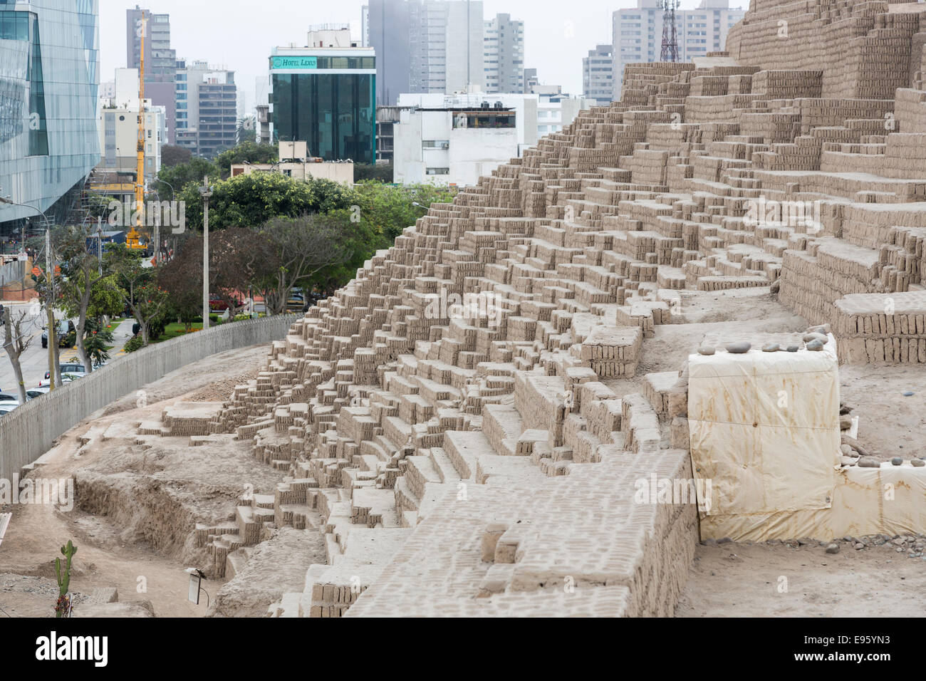 Pyramid at Huaca Pucllana or Huaca Juliana, with modern Miraflores in the background, Lima, Peru Stock Photo